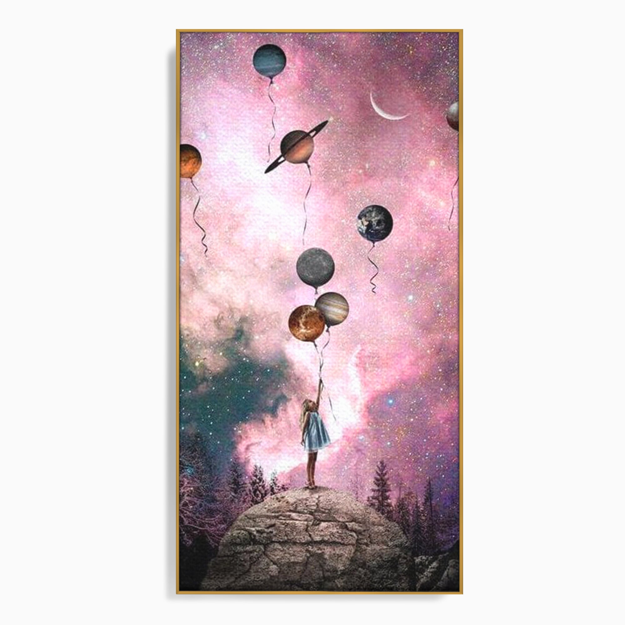 Tablou Canvas Premium, LuxCanva® K1017, Fetita si Planetele,  Univers, Maini, Intinse, Planete, Cosmic, Stele, Ganduri, Dorinte, Emotie, Curaj, Sistem, Solar, Galaxii, Pastel, Camera Copii