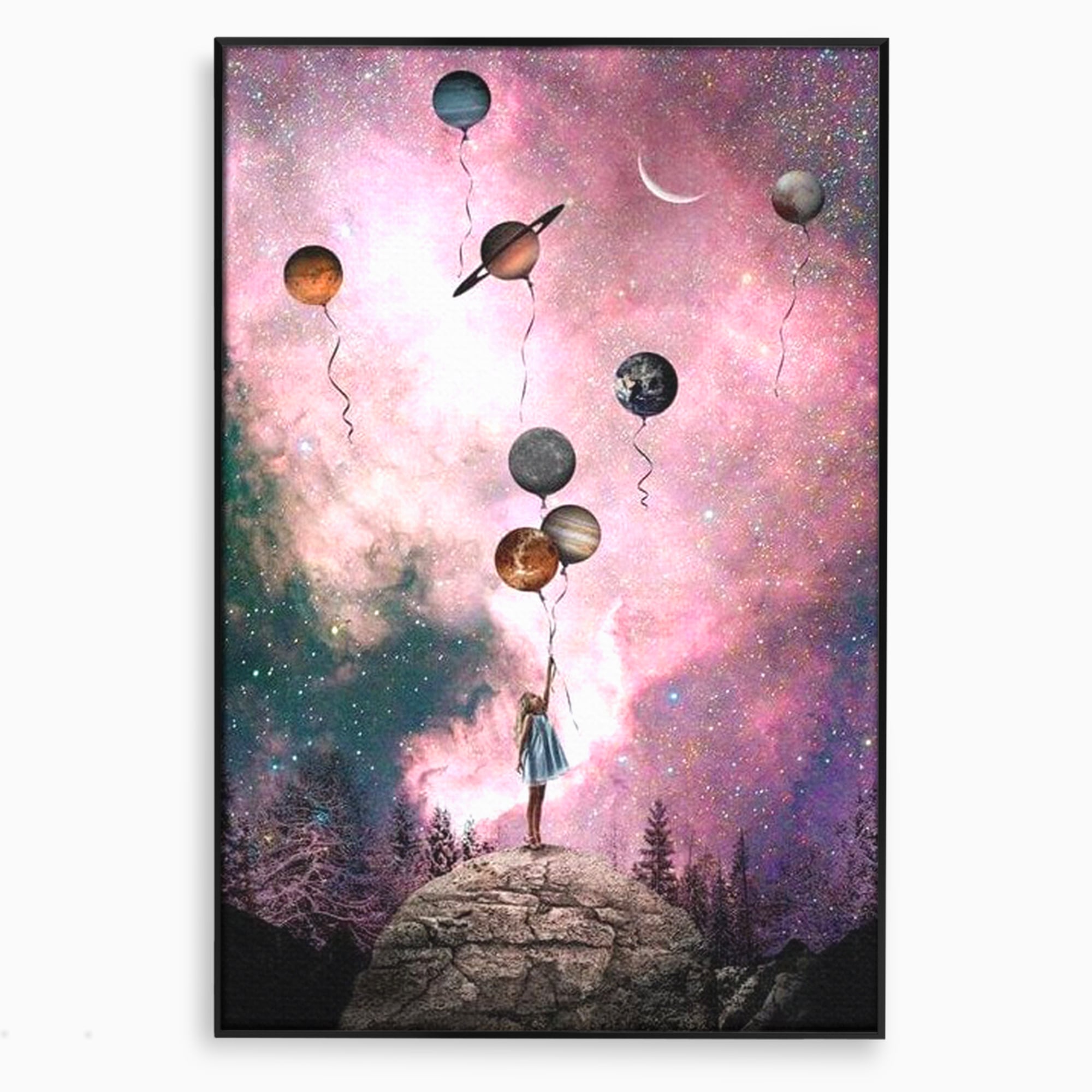 Tablou Canvas Premium, LuxCanva® K1017, Fetita si Planetele,  Univers, Maini, Intinse, Planete, Cosmic, Stele, Ganduri, Dorinte, Emotie, Curaj, Sistem, Solar, Galaxii, Pastel, Camera Copii