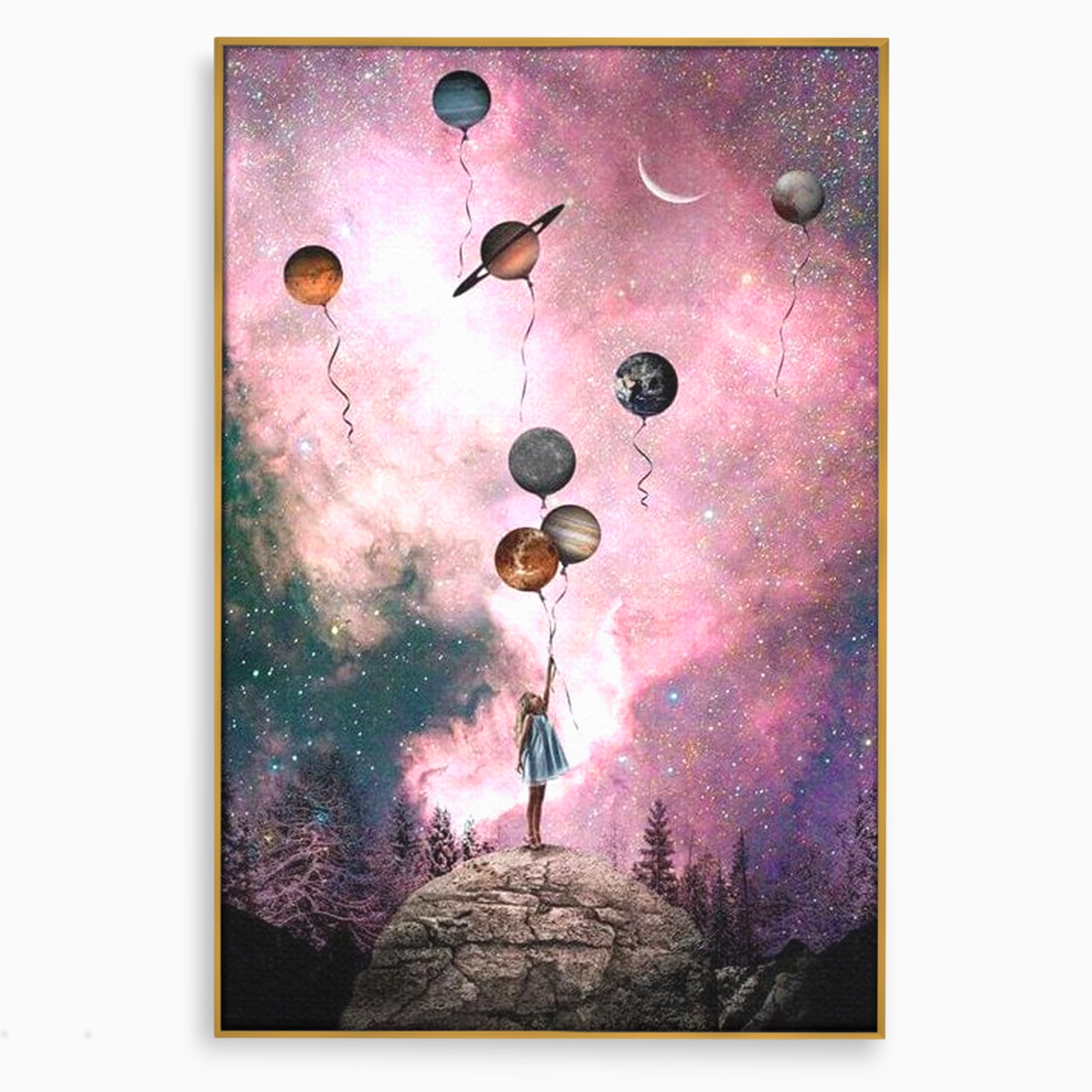 Tablou Canvas Premium, LuxCanva® K1017, Fetita si Planetele,  Univers, Maini, Intinse, Planete, Cosmic, Stele, Ganduri, Dorinte, Emotie, Curaj, Sistem, Solar, Galaxii, Pastel, Camera Copii
