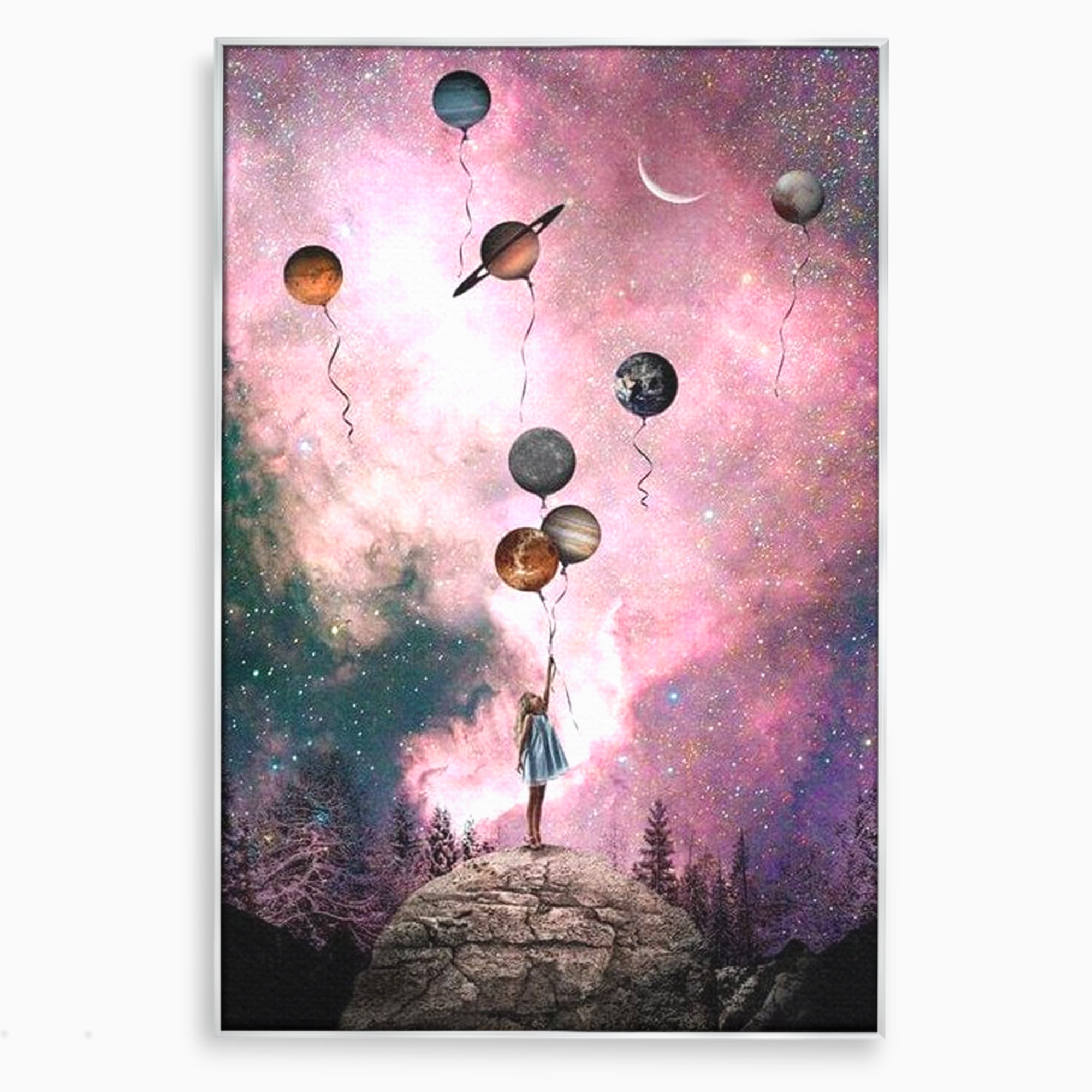 Tablou Canvas Premium, LuxCanva® K1017, Fetita si Planetele,  Univers, Maini, Intinse, Planete, Cosmic, Stele, Ganduri, Dorinte, Emotie, Curaj, Sistem, Solar, Galaxii, Pastel, Camera Copii