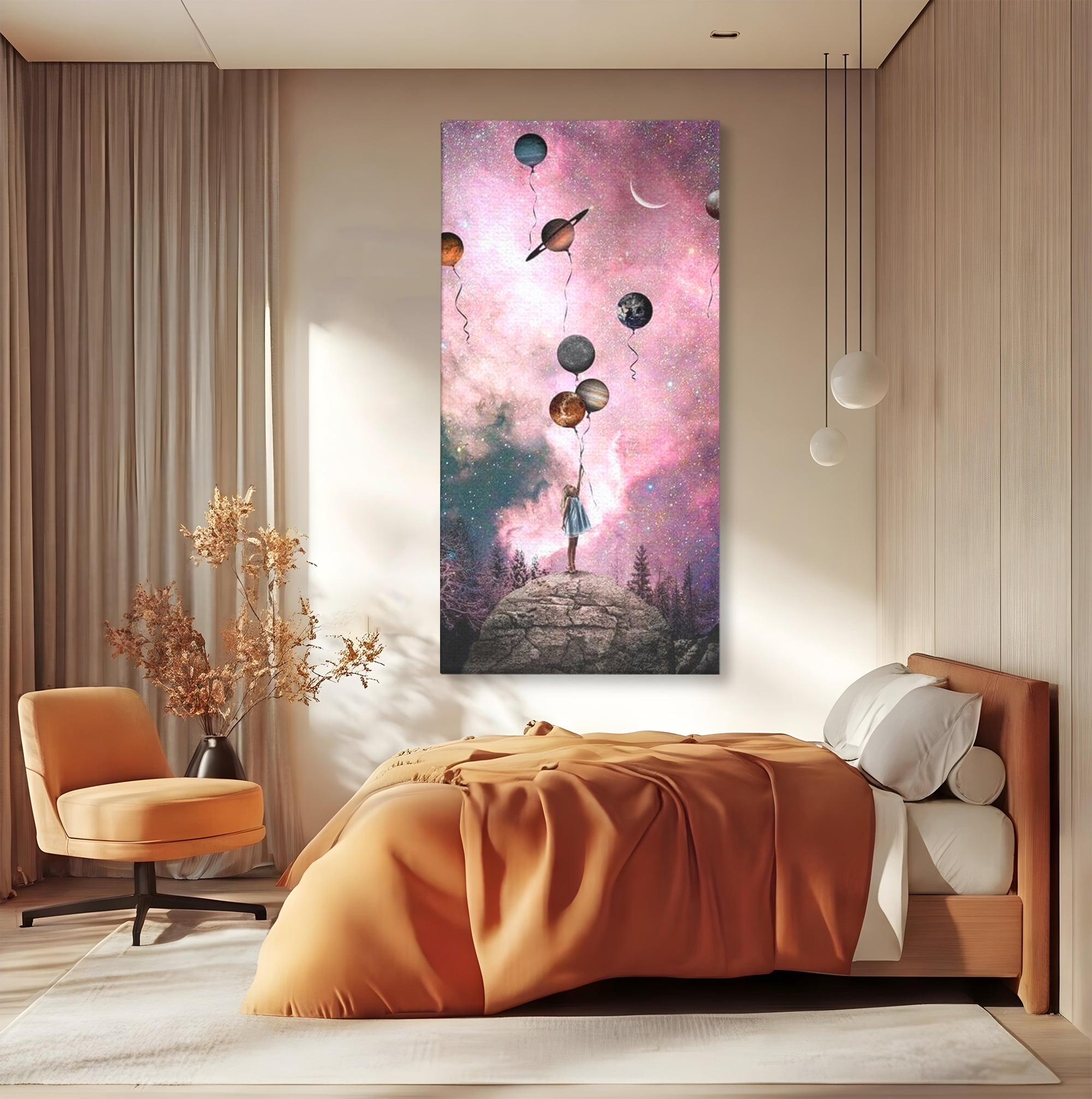 Tablou Canvas Premium, LuxCanva® K1017, Fetita si Planetele,  Univers, Maini, Intinse, Planete, Cosmic, Stele, Ganduri, Dorinte, Emotie, Curaj, Sistem, Solar, Galaxii, Pastel, Camera Copii