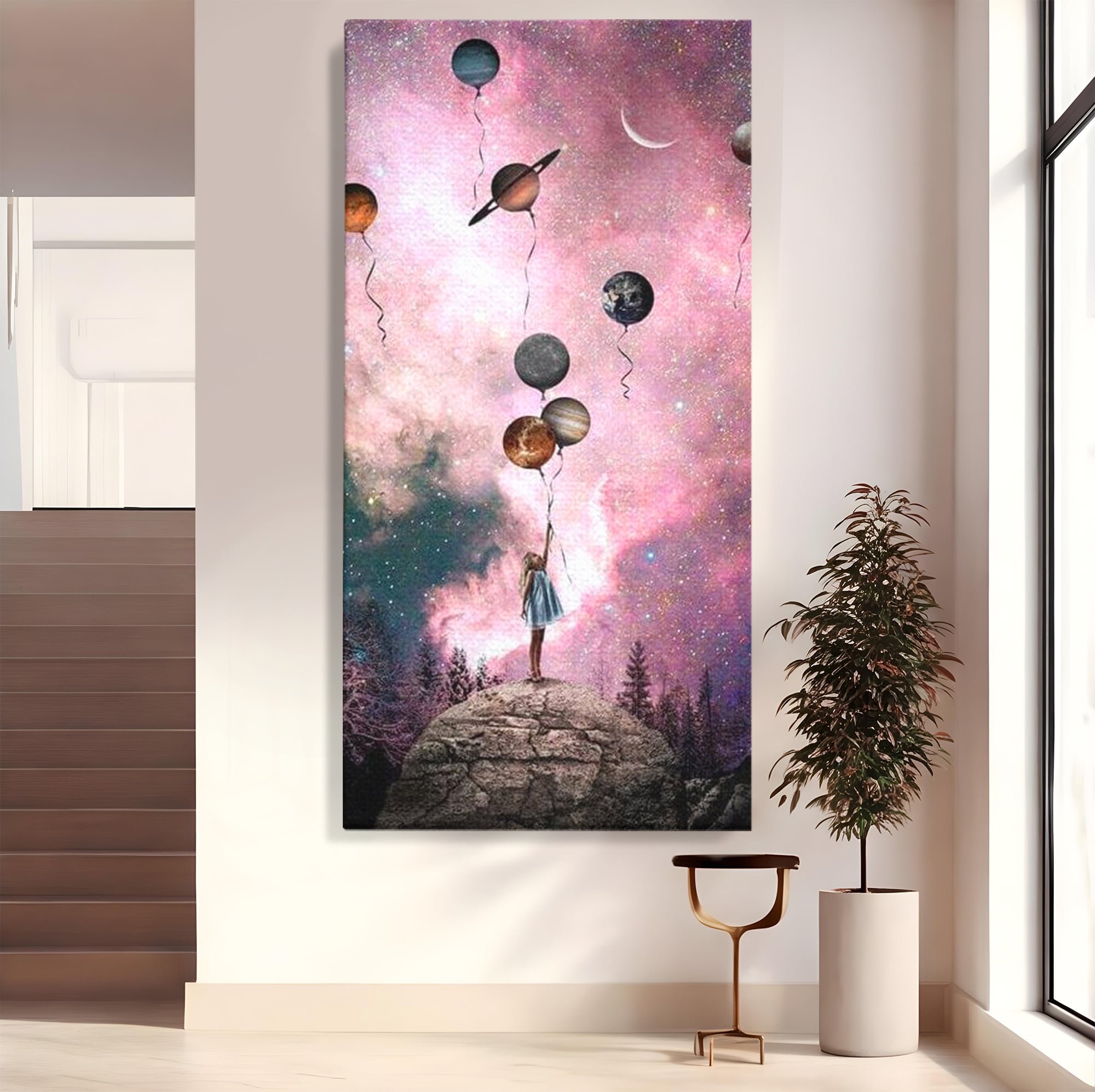 Tablou Canvas Premium, LuxCanva® K1017, Fetita si Planetele,  Univers, Maini, Intinse, Planete, Cosmic, Stele, Ganduri, Dorinte, Emotie, Curaj, Sistem, Solar, Galaxii, Pastel, Camera Copii