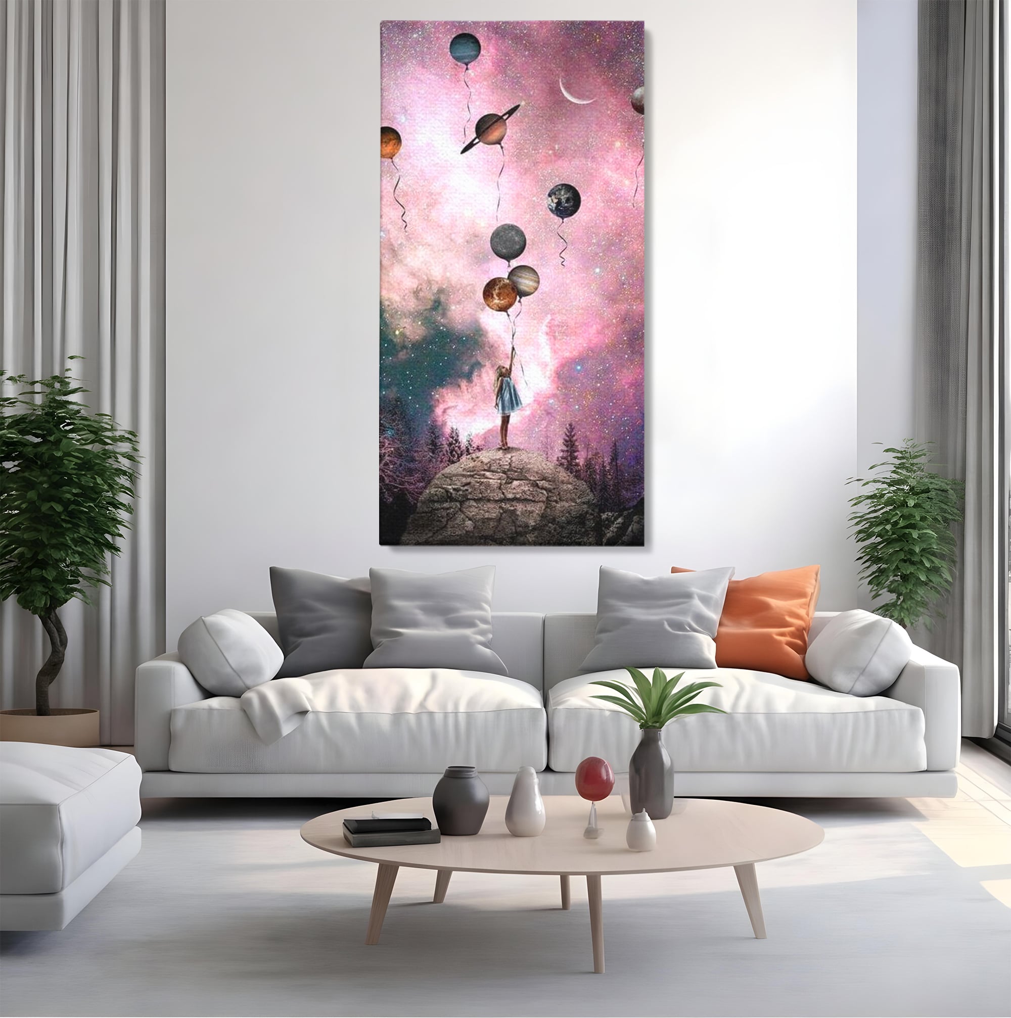 Tablou Canvas Premium, LuxCanva® K1017, Fetita si Planetele,  Univers, Maini, Intinse, Planete, Cosmic, Stele, Ganduri, Dorinte, Emotie, Curaj, Sistem, Solar, Galaxii, Pastel, Camera Copii