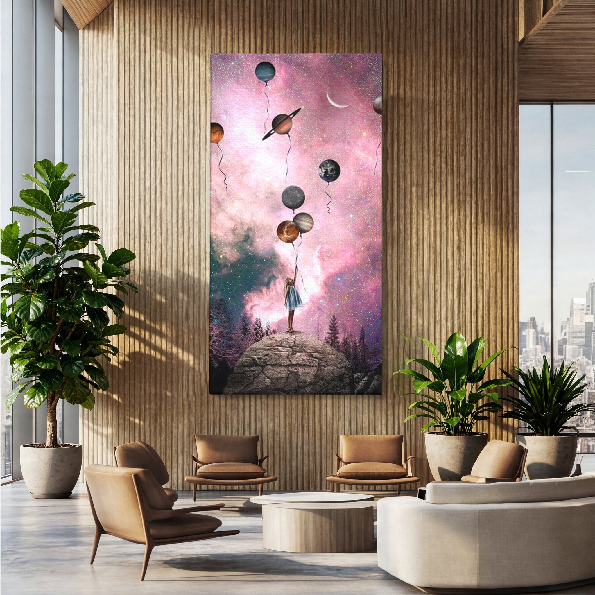 Tablou Canvas Premium, LuxCanva® K1017, Fetita si Planetele,  Univers, Maini, Intinse, Planete, Cosmic, Stele, Ganduri, Dorinte, Emotie, Curaj, Sistem, Solar, Galaxii, Pastel, Camera Copii