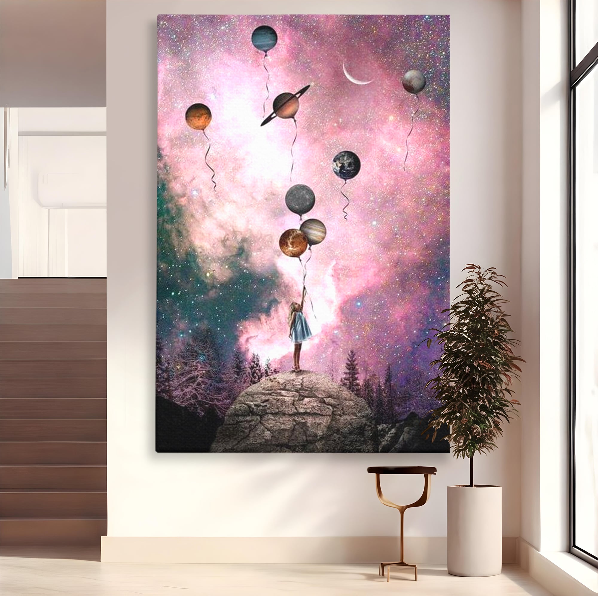 Tablou Canvas Premium, LuxCanva® K1017, Fetita si Planetele,  Univers, Maini, Intinse, Planete, Cosmic, Stele, Ganduri, Dorinte, Emotie, Curaj, Sistem, Solar, Galaxii, Pastel, Camera Copii