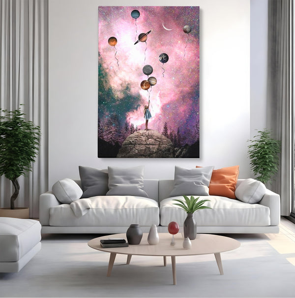 Tablou Canvas Premium, LuxCanva® K1017, Fetita si Planetele,  Univers, Maini, Intinse, Planete, Cosmic, Stele, Ganduri, Dorinte, Emotie, Curaj, Sistem, Solar, Galaxii, Pastel, Camera Copii
