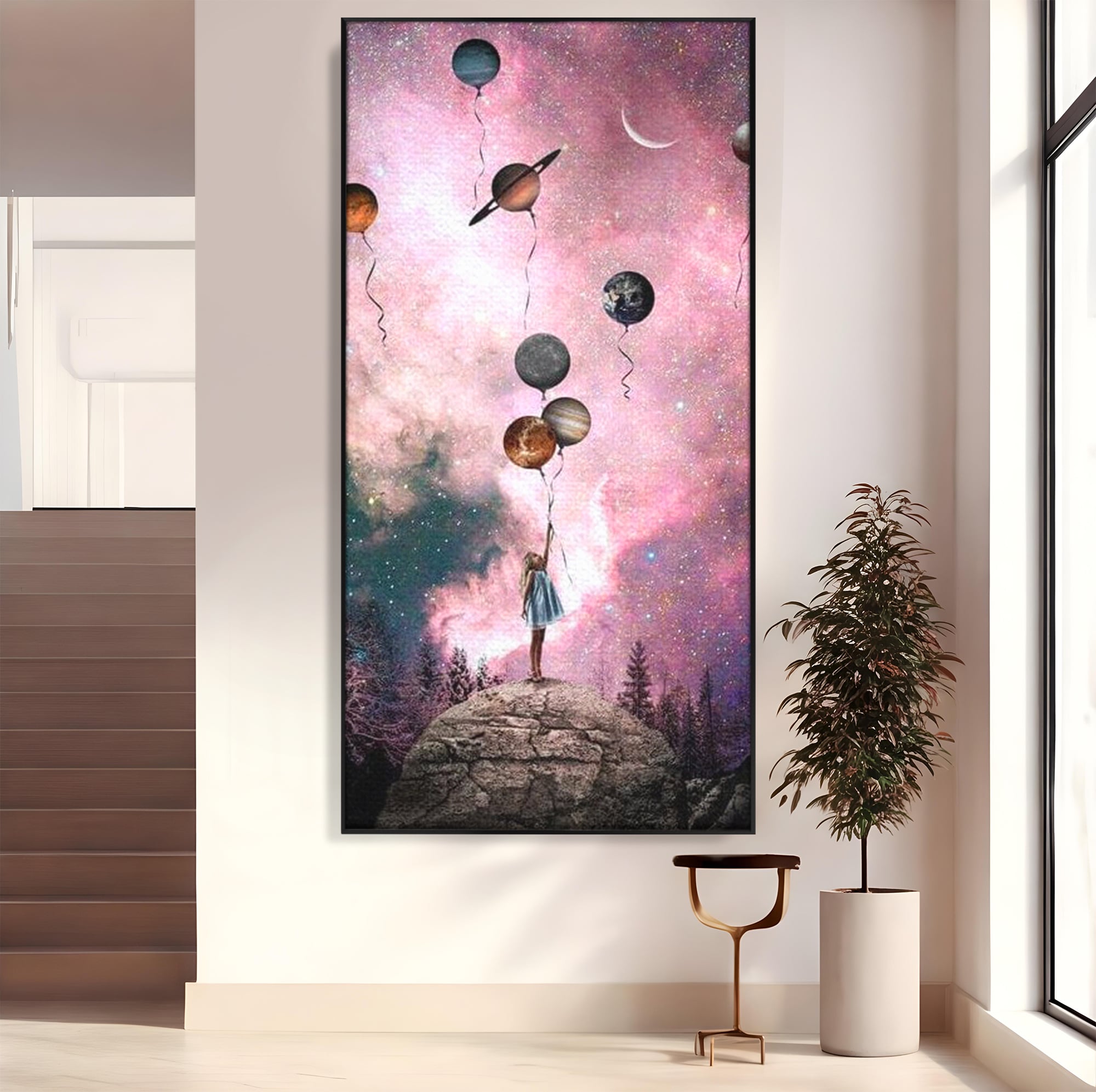 Tablou Canvas Premium, LuxCanva® K1017, Fetita si Planetele,  Univers, Maini, Intinse, Planete, Cosmic, Stele, Ganduri, Dorinte, Emotie, Curaj, Sistem, Solar, Galaxii, Pastel, Camera Copii