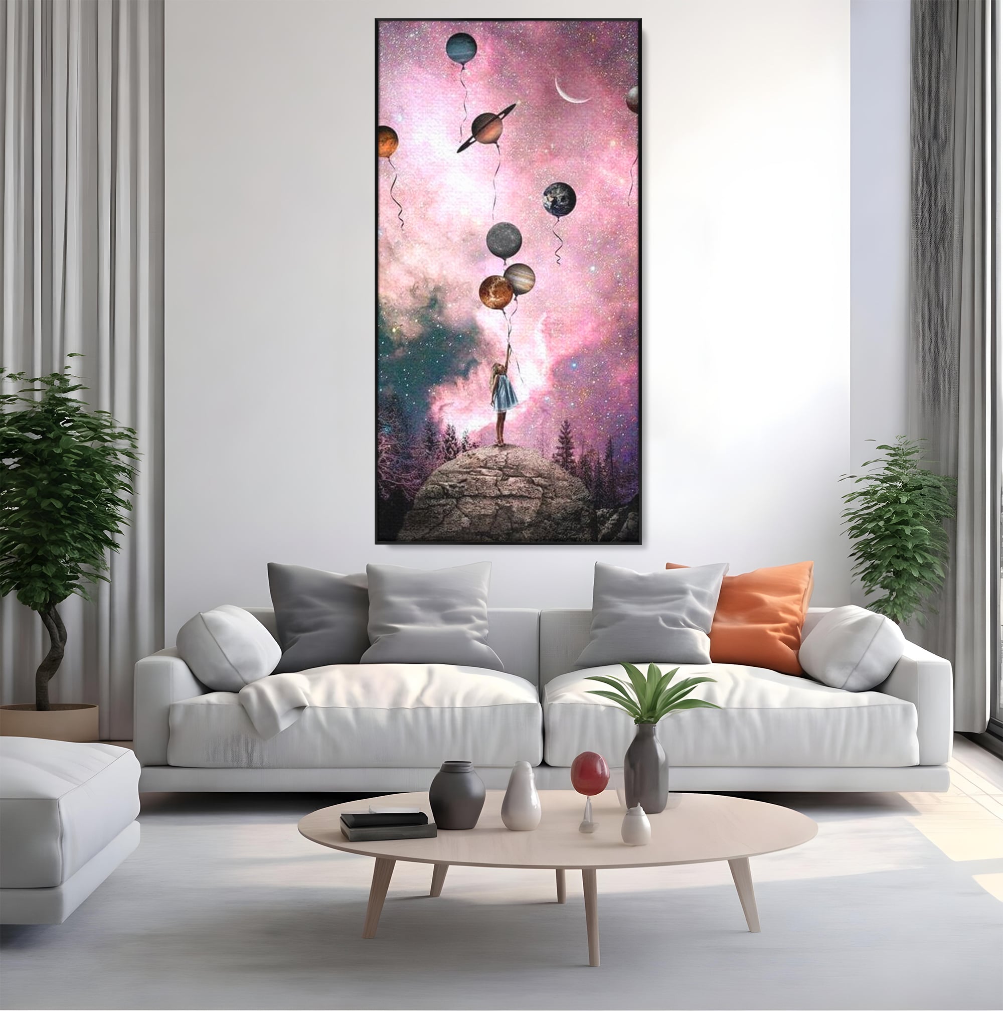 Tablou Canvas Premium, LuxCanva® K1017, Fetita si Planetele,  Univers, Maini, Intinse, Planete, Cosmic, Stele, Ganduri, Dorinte, Emotie, Curaj, Sistem, Solar, Galaxii, Pastel, Camera Copii