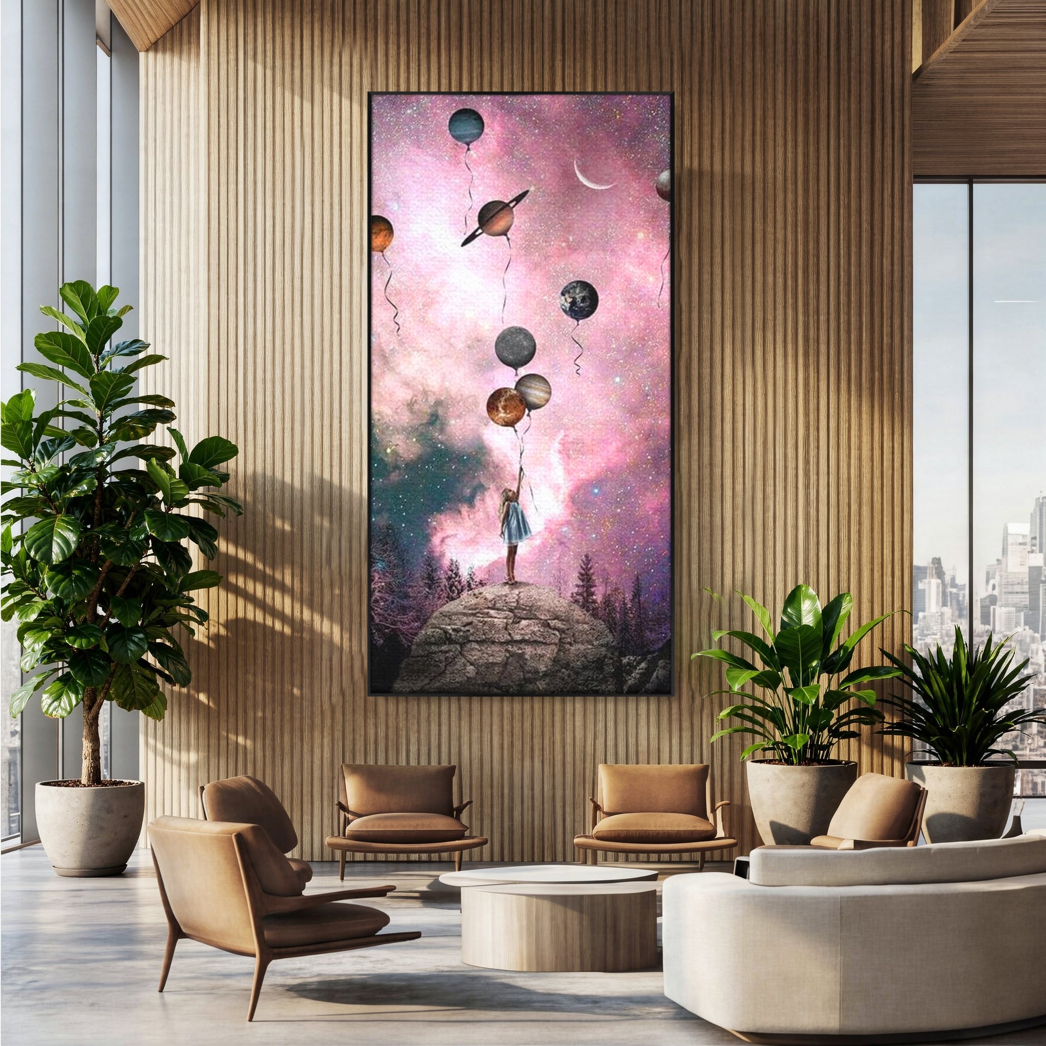 Tablou Canvas Premium, LuxCanva® K1017, Fetita si Planetele,  Univers, Maini, Intinse, Planete, Cosmic, Stele, Ganduri, Dorinte, Emotie, Curaj, Sistem, Solar, Galaxii, Pastel, Camera Copii