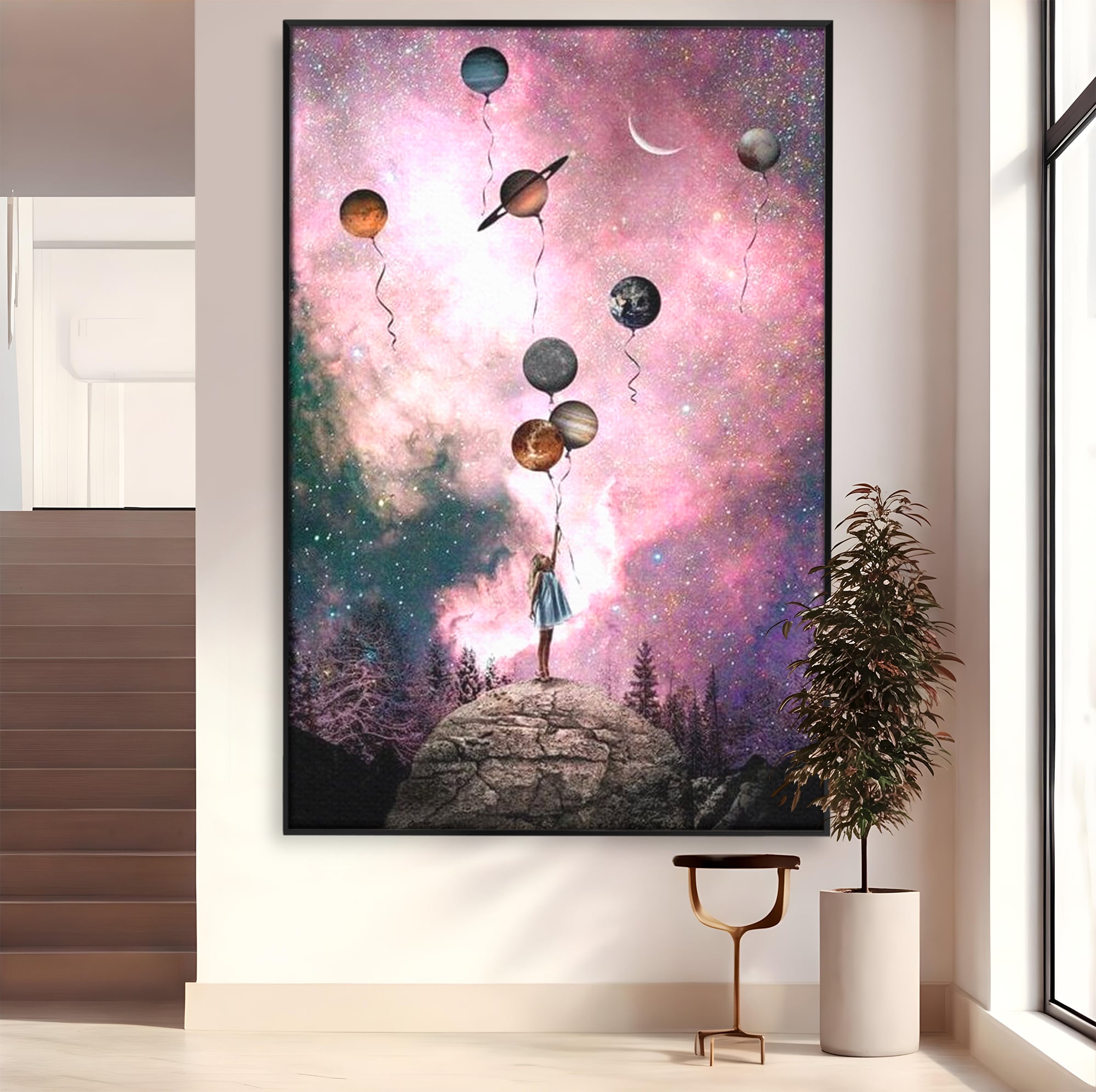 Tablou Canvas Premium, LuxCanva® K1017, Fetita si Planetele,  Univers, Maini, Intinse, Planete, Cosmic, Stele, Ganduri, Dorinte, Emotie, Curaj, Sistem, Solar, Galaxii, Pastel, Camera Copii
