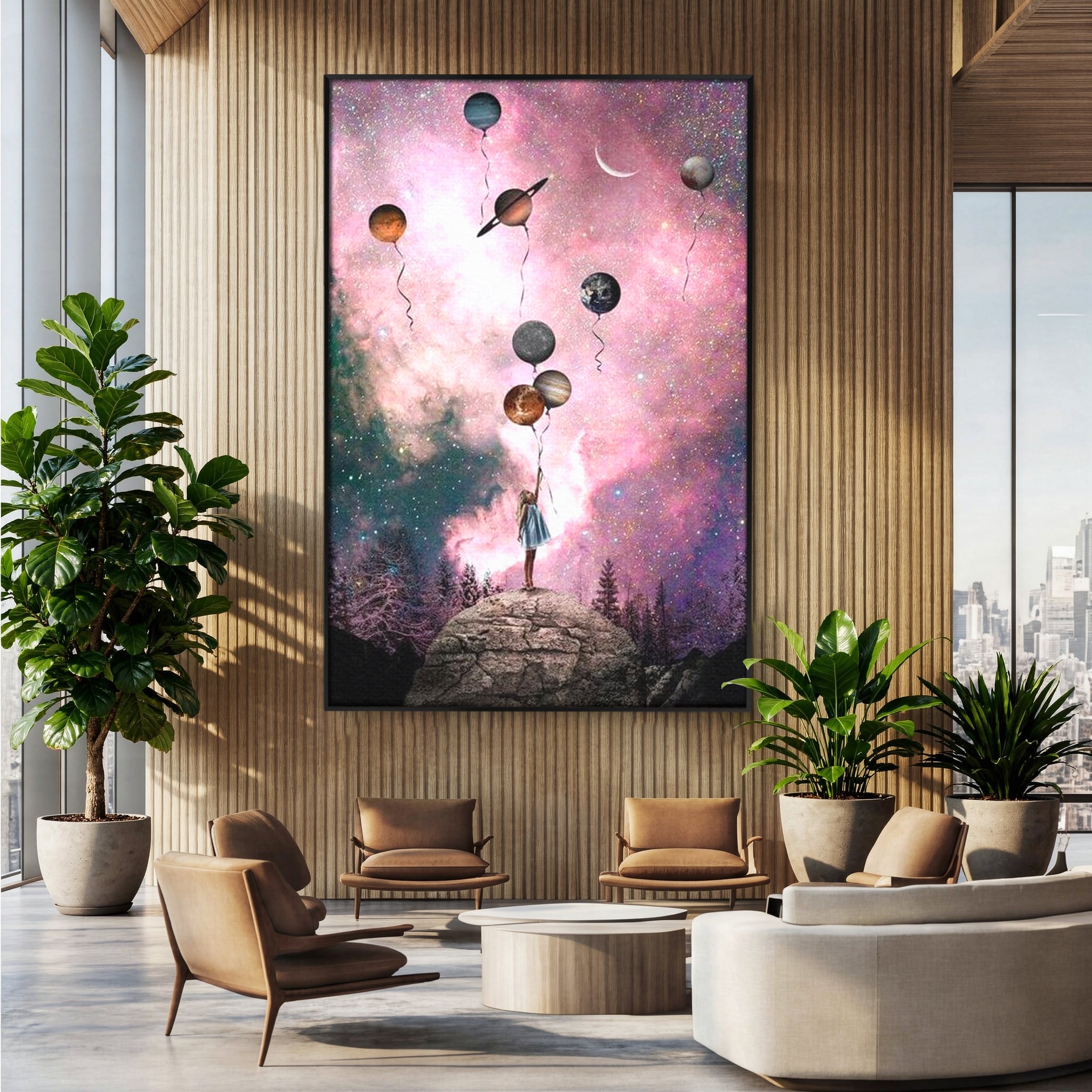 Tablou Canvas Premium, LuxCanva® K1017, Fetita si Planetele,  Univers, Maini, Intinse, Planete, Cosmic, Stele, Ganduri, Dorinte, Emotie, Curaj, Sistem, Solar, Galaxii, Pastel, Camera Copii