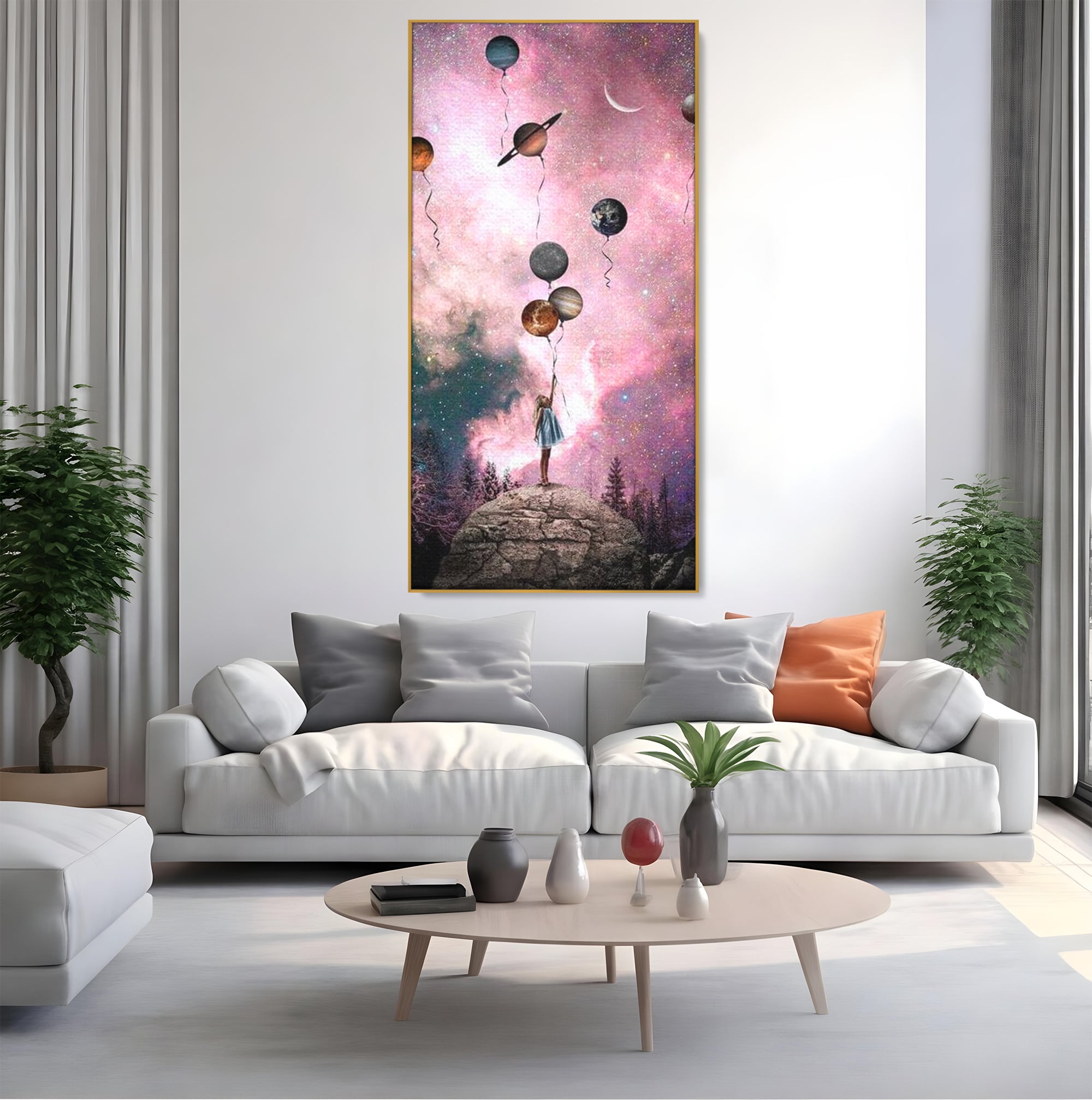 Tablou Canvas Premium, LuxCanva® K1017, Fetita si Planetele,  Univers, Maini, Intinse, Planete, Cosmic, Stele, Ganduri, Dorinte, Emotie, Curaj, Sistem, Solar, Galaxii, Pastel, Camera Copii