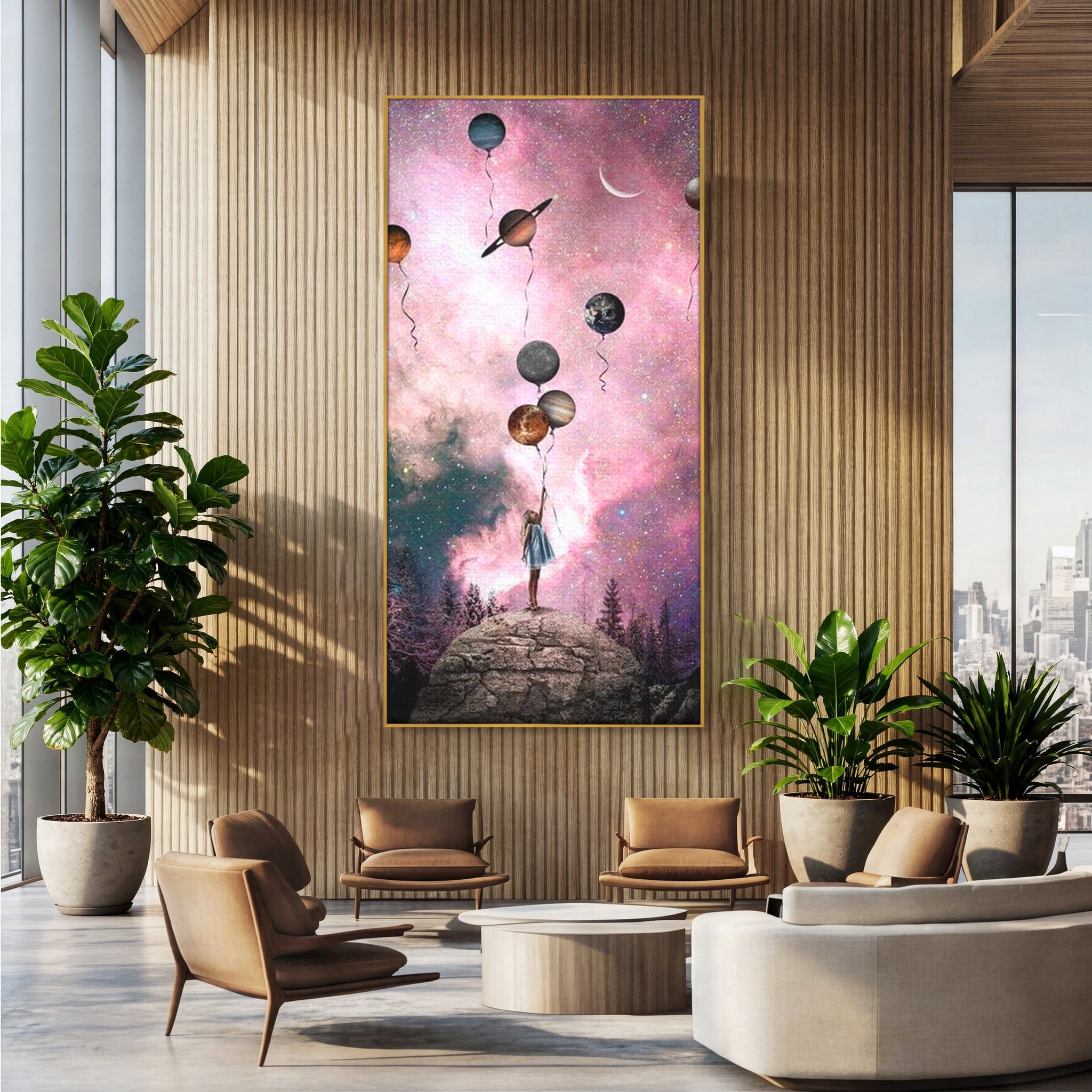 Tablou Canvas Premium, LuxCanva® K1017, Fetita si Planetele,  Univers, Maini, Intinse, Planete, Cosmic, Stele, Ganduri, Dorinte, Emotie, Curaj, Sistem, Solar, Galaxii, Pastel, Camera Copii