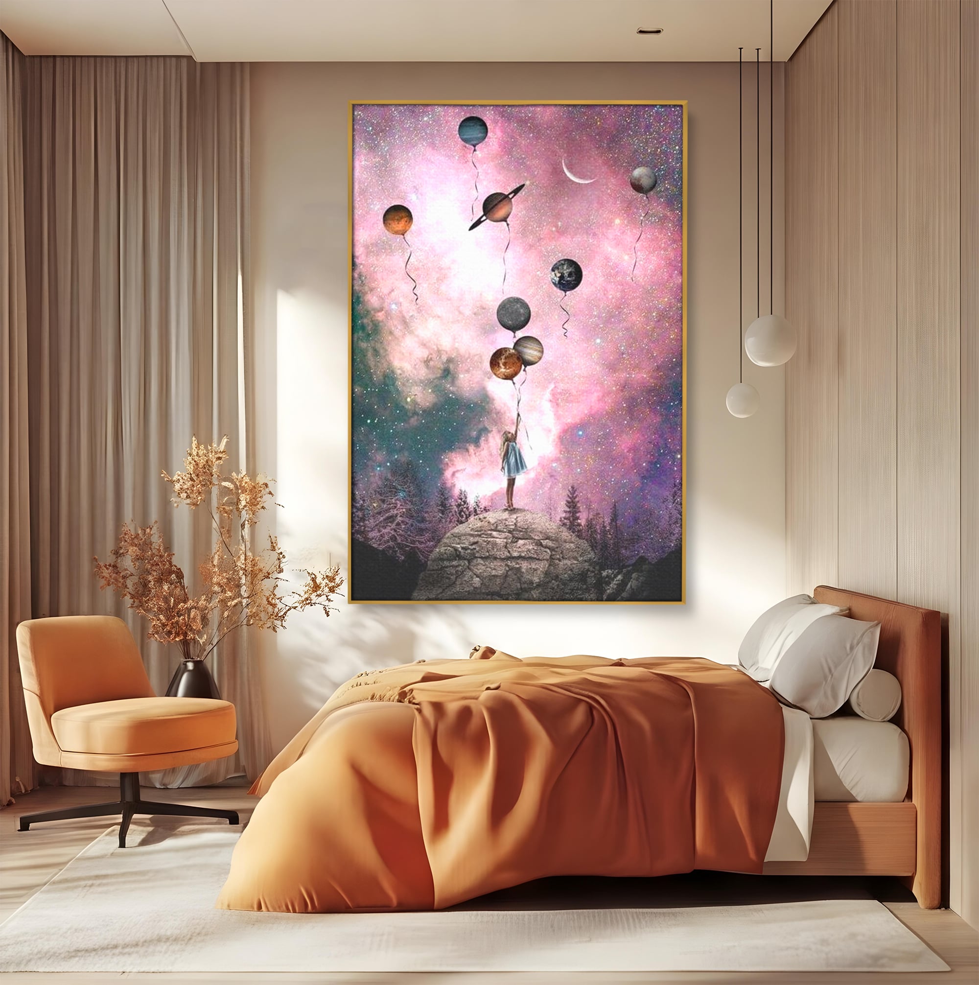 Tablou Canvas Premium, LuxCanva® K1017, Fetita si Planetele,  Univers, Maini, Intinse, Planete, Cosmic, Stele, Ganduri, Dorinte, Emotie, Curaj, Sistem, Solar, Galaxii, Pastel, Camera Copii
