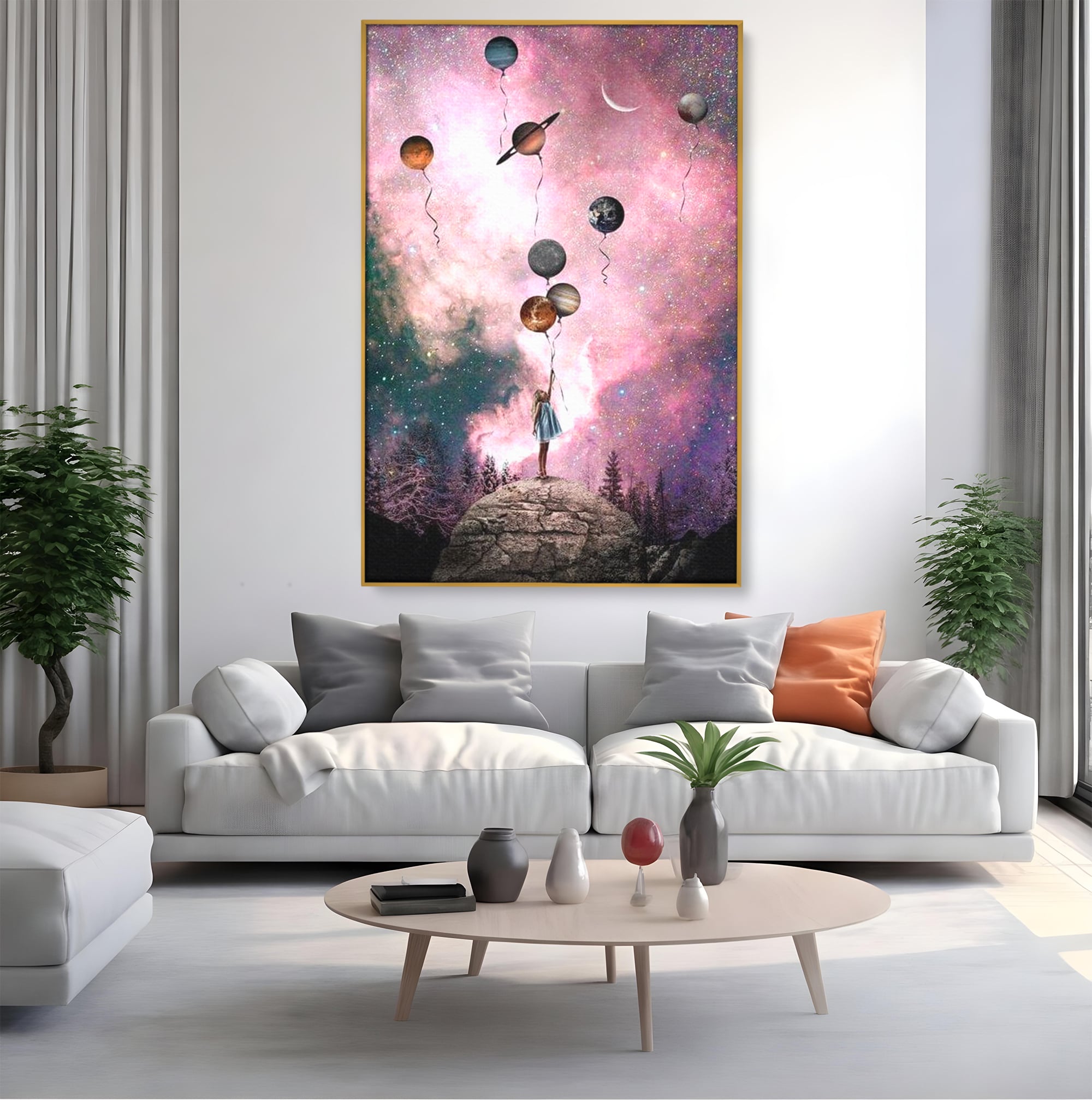Tablou Canvas Premium, LuxCanva® K1017, Fetita si Planetele,  Univers, Maini, Intinse, Planete, Cosmic, Stele, Ganduri, Dorinte, Emotie, Curaj, Sistem, Solar, Galaxii, Pastel, Camera Copii