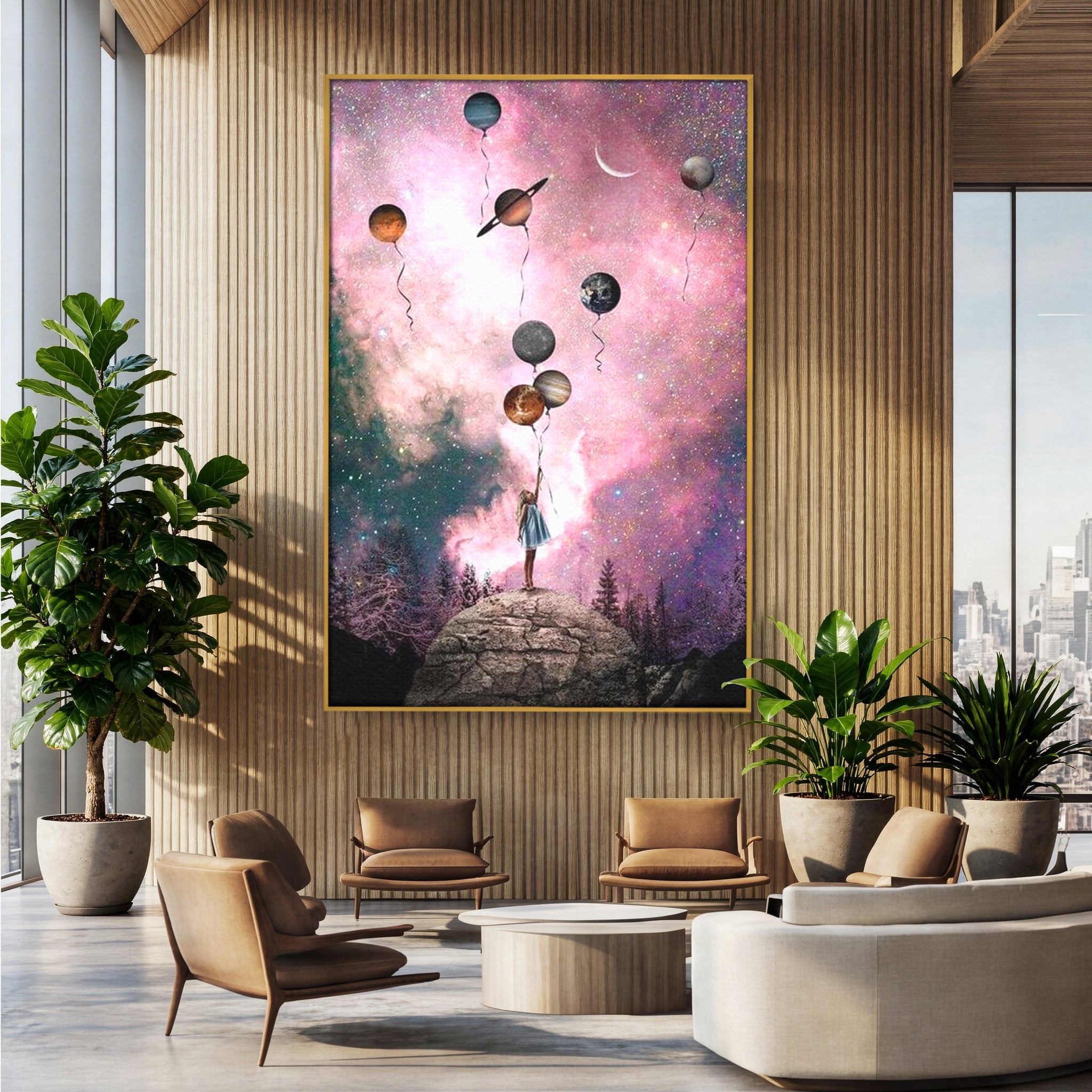 Tablou Canvas Premium, LuxCanva® K1017, Fetita si Planetele,  Univers, Maini, Intinse, Planete, Cosmic, Stele, Ganduri, Dorinte, Emotie, Curaj, Sistem, Solar, Galaxii, Pastel, Camera Copii
