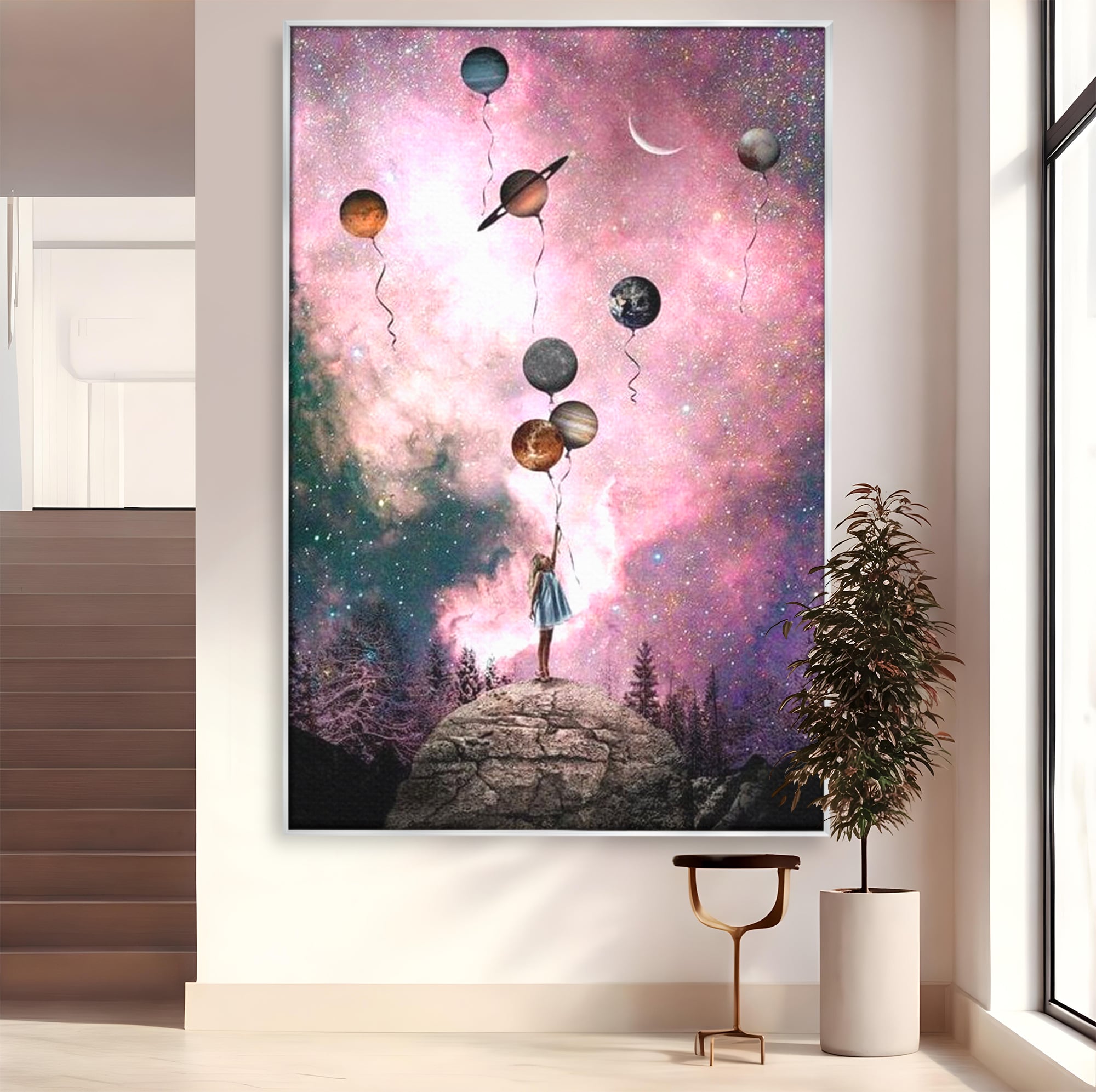 Tablou Canvas Premium, LuxCanva® K1017, Fetita si Planetele,  Univers, Maini, Intinse, Planete, Cosmic, Stele, Ganduri, Dorinte, Emotie, Curaj, Sistem, Solar, Galaxii, Pastel, Camera Copii