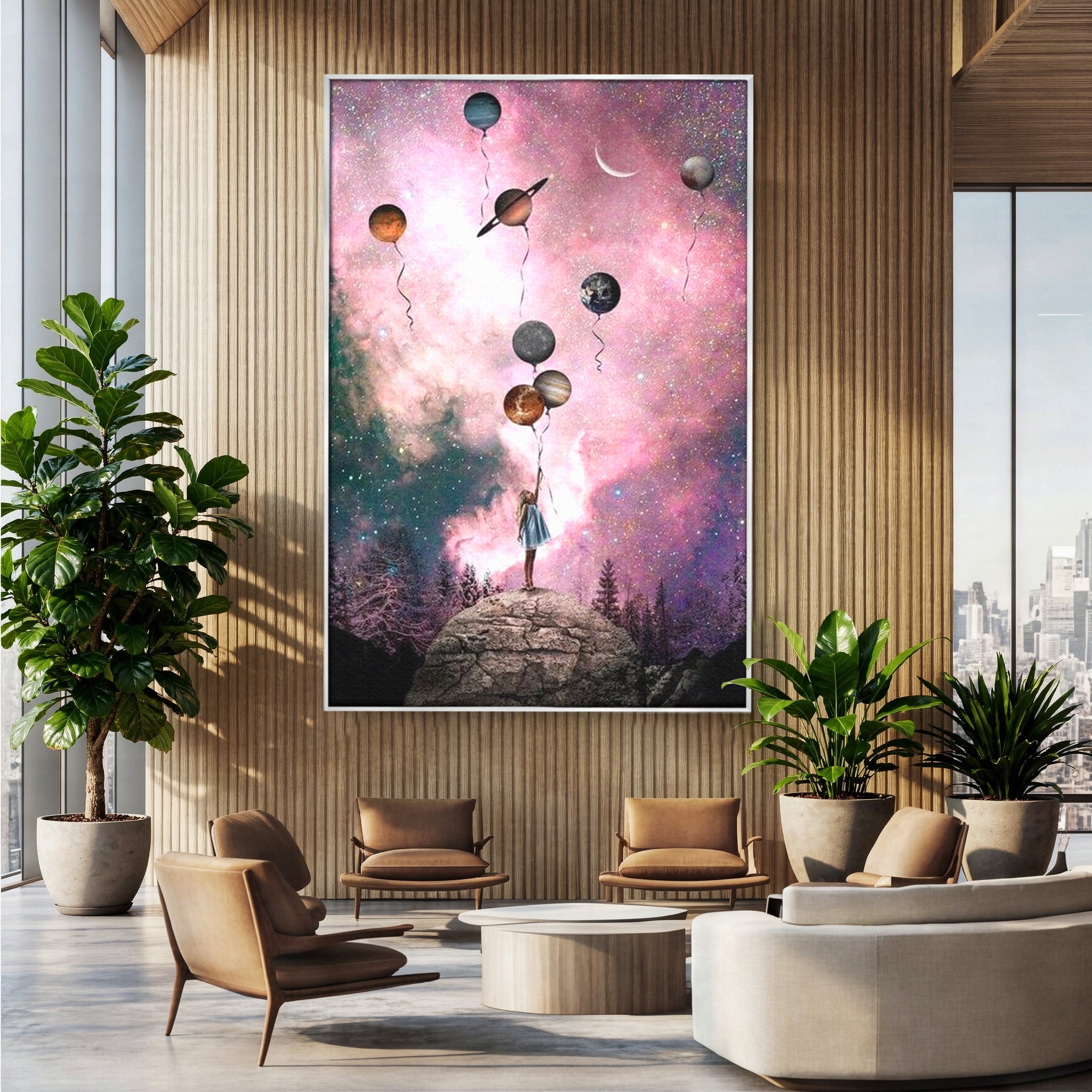 Tablou Canvas Premium, LuxCanva® K1017, Fetita si Planetele,  Univers, Maini, Intinse, Planete, Cosmic, Stele, Ganduri, Dorinte, Emotie, Curaj, Sistem, Solar, Galaxii, Pastel, Camera Copii