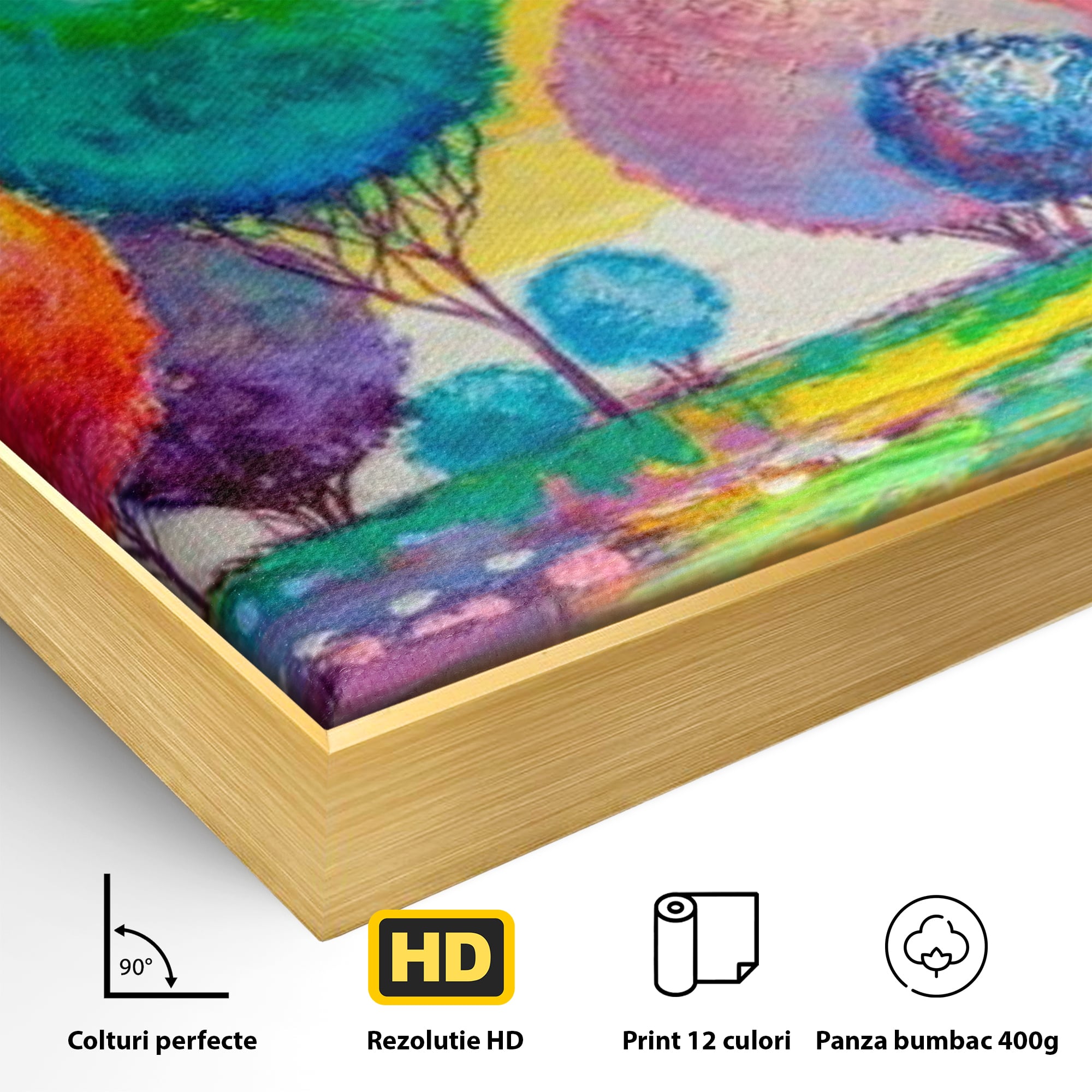 Leinwand Wandkunst Leinwand Premium, LuxCanva® K1018, Märchenhafte Landschaft, Regenbogen, Wald, Bäume, Rund, Ballon, Natur, Explosion, Farbe, Leinwand, Symphonie, Imaginär, Verspielt, Kinderzimmer
