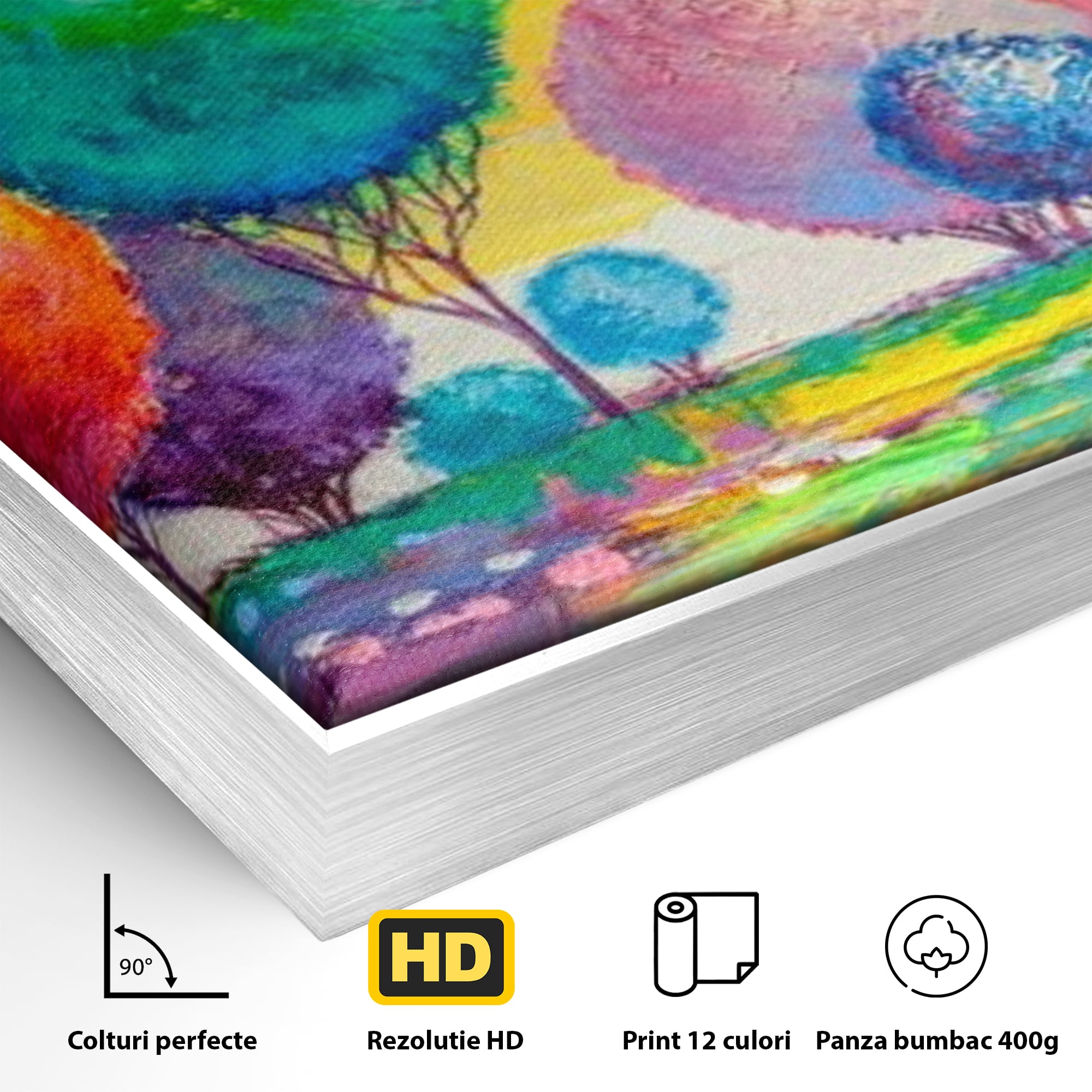 Leinwand Wandkunst Leinwand Premium, LuxCanva® K1018, Märchenhafte Landschaft, Regenbogen, Wald, Bäume, Rund, Ballon, Natur, Explosion, Farbe, Leinwand, Symphonie, Imaginär, Verspielt, Kinderzimmer