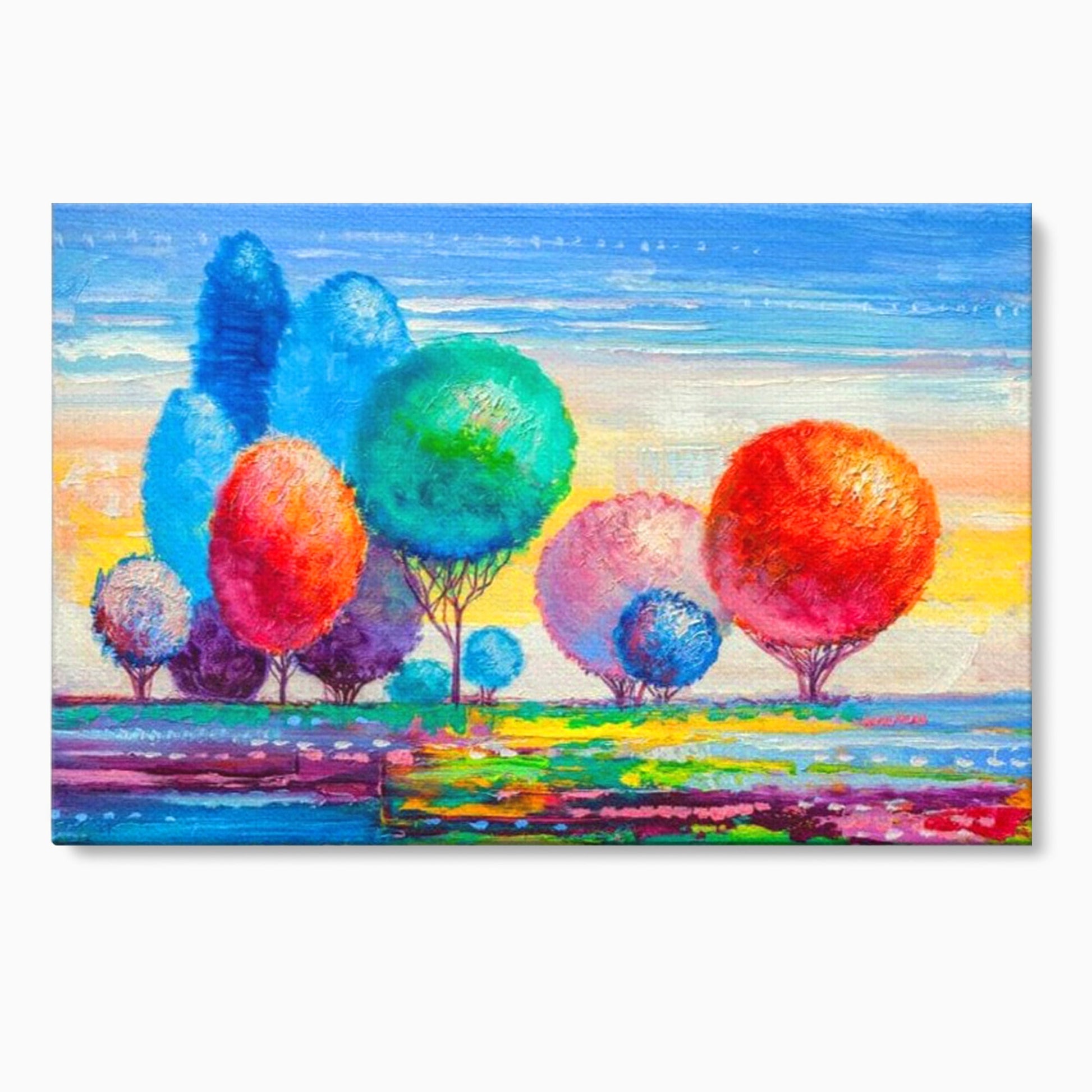Leinwand Wandkunst Leinwand Premium, LuxCanva® K1018, Märchenhafte Landschaft, Regenbogen, Wald, Bäume, Rund, Ballon, Natur, Explosion, Farbe, Leinwand, Symphonie, Imaginär, Verspielt, Kinderzimmer