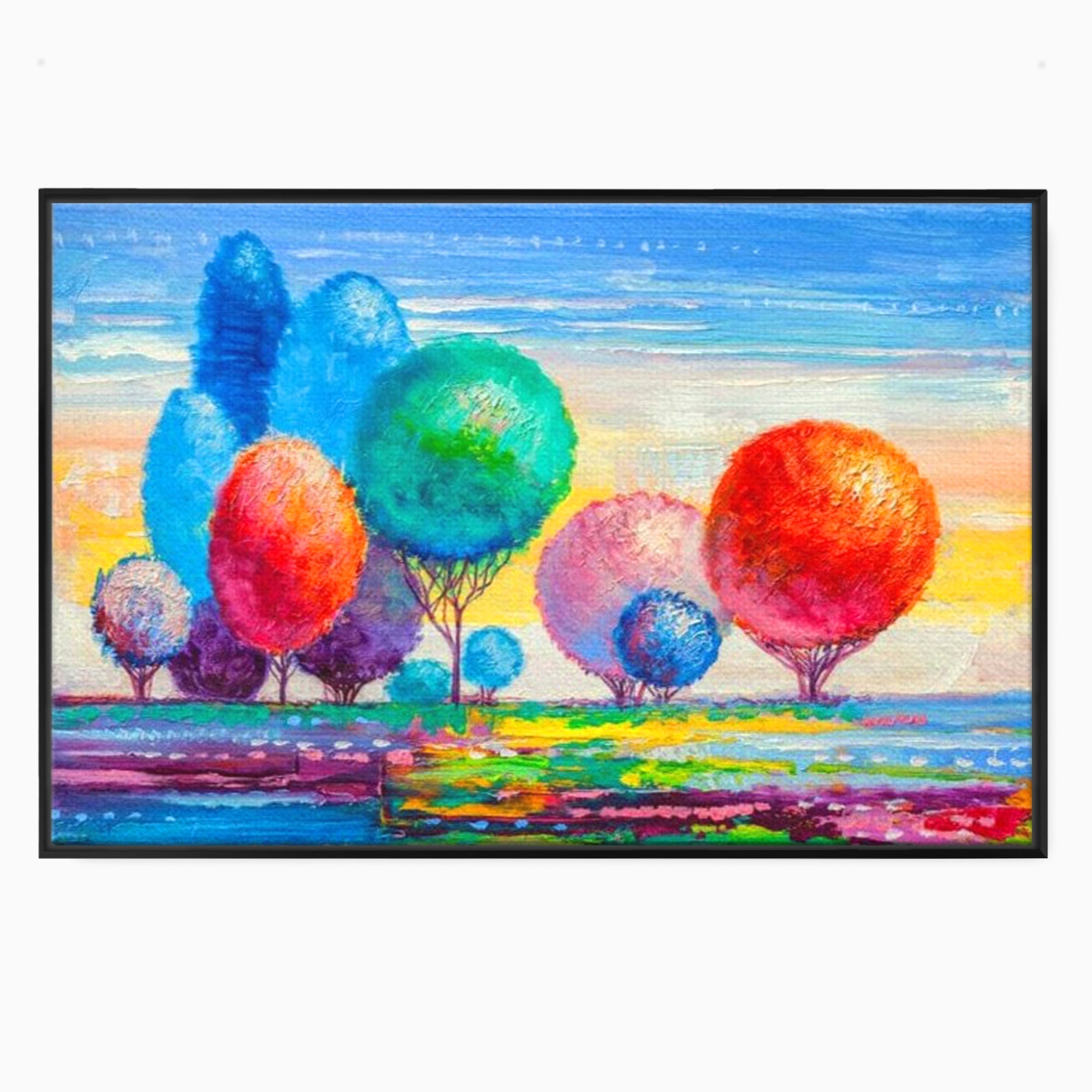 Leinwand Wandkunst Leinwand Premium, LuxCanva® K1018, Märchenhafte Landschaft, Regenbogen, Wald, Bäume, Rund, Ballon, Natur, Explosion, Farbe, Leinwand, Symphonie, Imaginär, Verspielt, Kinderzimmer