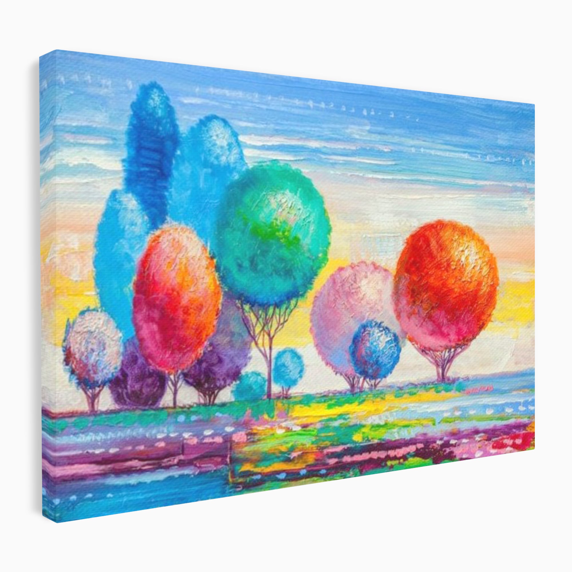 Leinwand Wandkunst Leinwand Premium, LuxCanva® K1018, Märchenhafte Landschaft, Regenbogen, Wald, Bäume, Rund, Ballon, Natur, Explosion, Farbe, Leinwand, Symphonie, Imaginär, Verspielt, Kinderzimmer