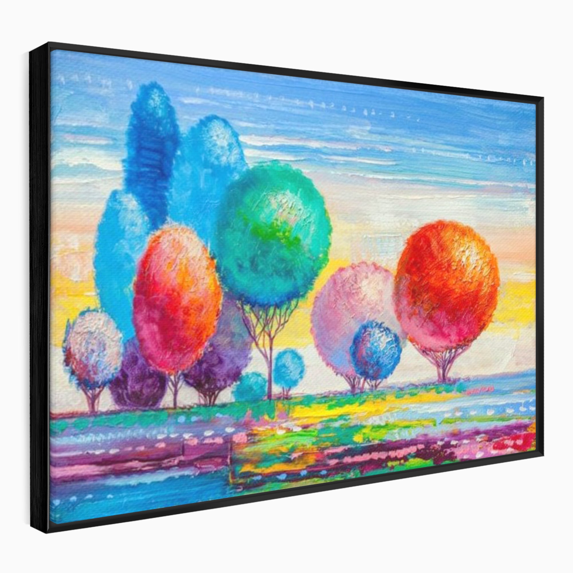 Leinwand Wandkunst Leinwand Premium, LuxCanva® K1018, Märchenhafte Landschaft, Regenbogen, Wald, Bäume, Rund, Ballon, Natur, Explosion, Farbe, Leinwand, Symphonie, Imaginär, Verspielt, Kinderzimmer