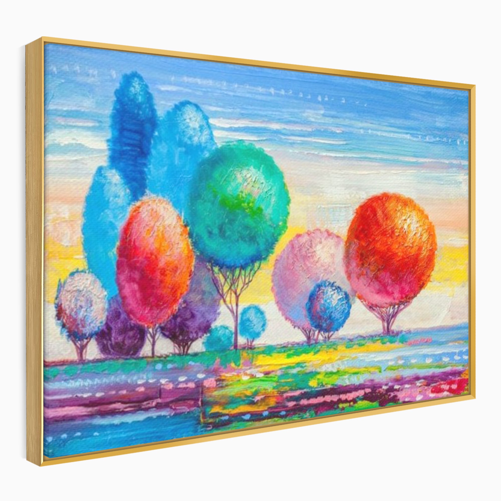 Leinwand Wandkunst Leinwand Premium, LuxCanva® K1018, Märchenhafte Landschaft, Regenbogen, Wald, Bäume, Rund, Ballon, Natur, Explosion, Farbe, Leinwand, Symphonie, Imaginär, Verspielt, Kinderzimmer