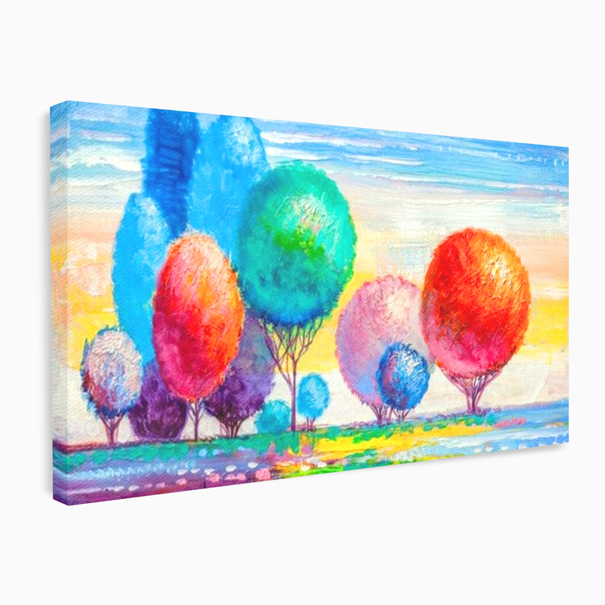 Leinwand Wandkunst Leinwand Premium, LuxCanva® K1018, Märchenhafte Landschaft, Regenbogen, Wald, Bäume, Rund, Ballon, Natur, Explosion, Farbe, Leinwand, Symphonie, Imaginär, Verspielt, Kinderzimmer