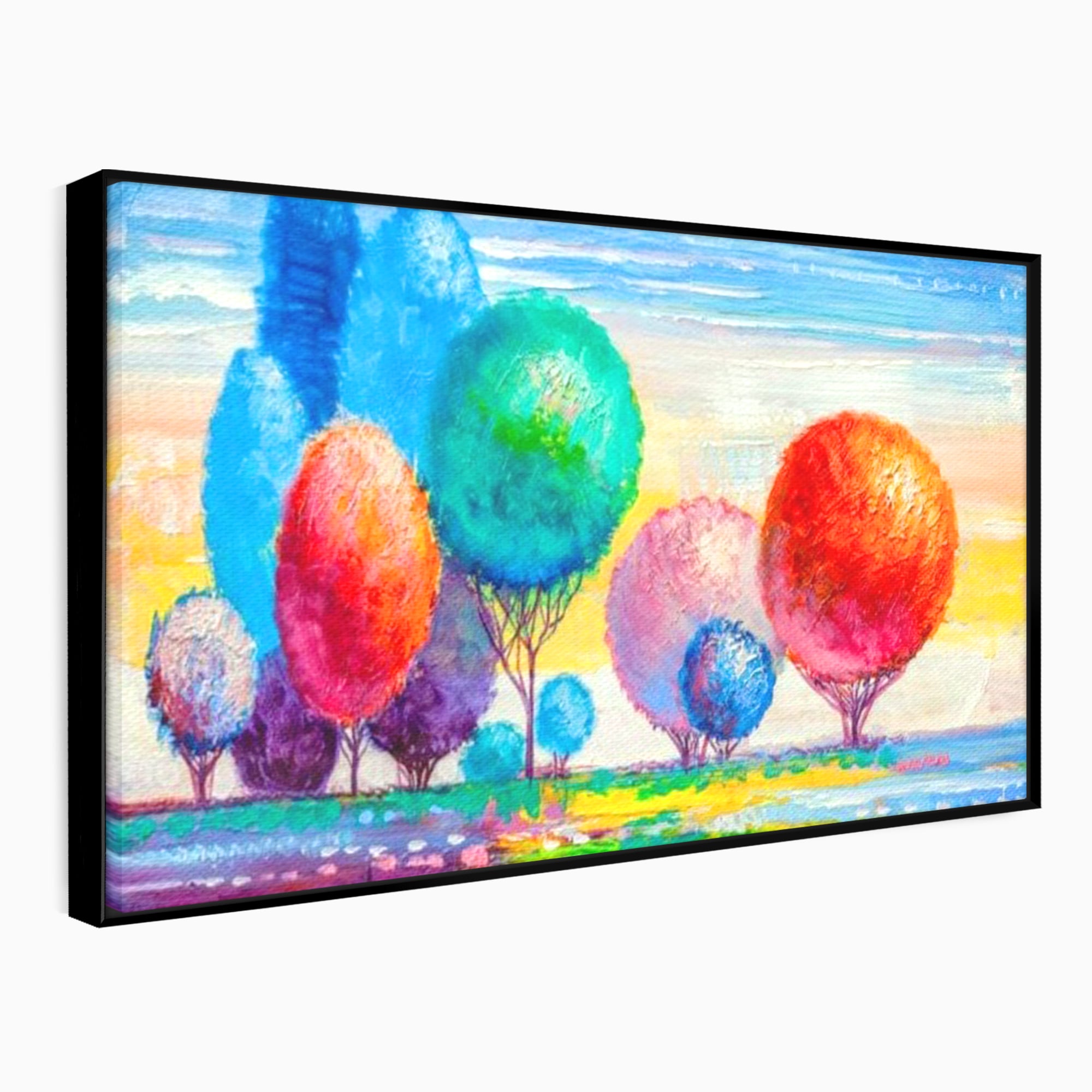 Leinwand Wandkunst Leinwand Premium, LuxCanva® K1018, Märchenhafte Landschaft, Regenbogen, Wald, Bäume, Rund, Ballon, Natur, Explosion, Farbe, Leinwand, Symphonie, Imaginär, Verspielt, Kinderzimmer