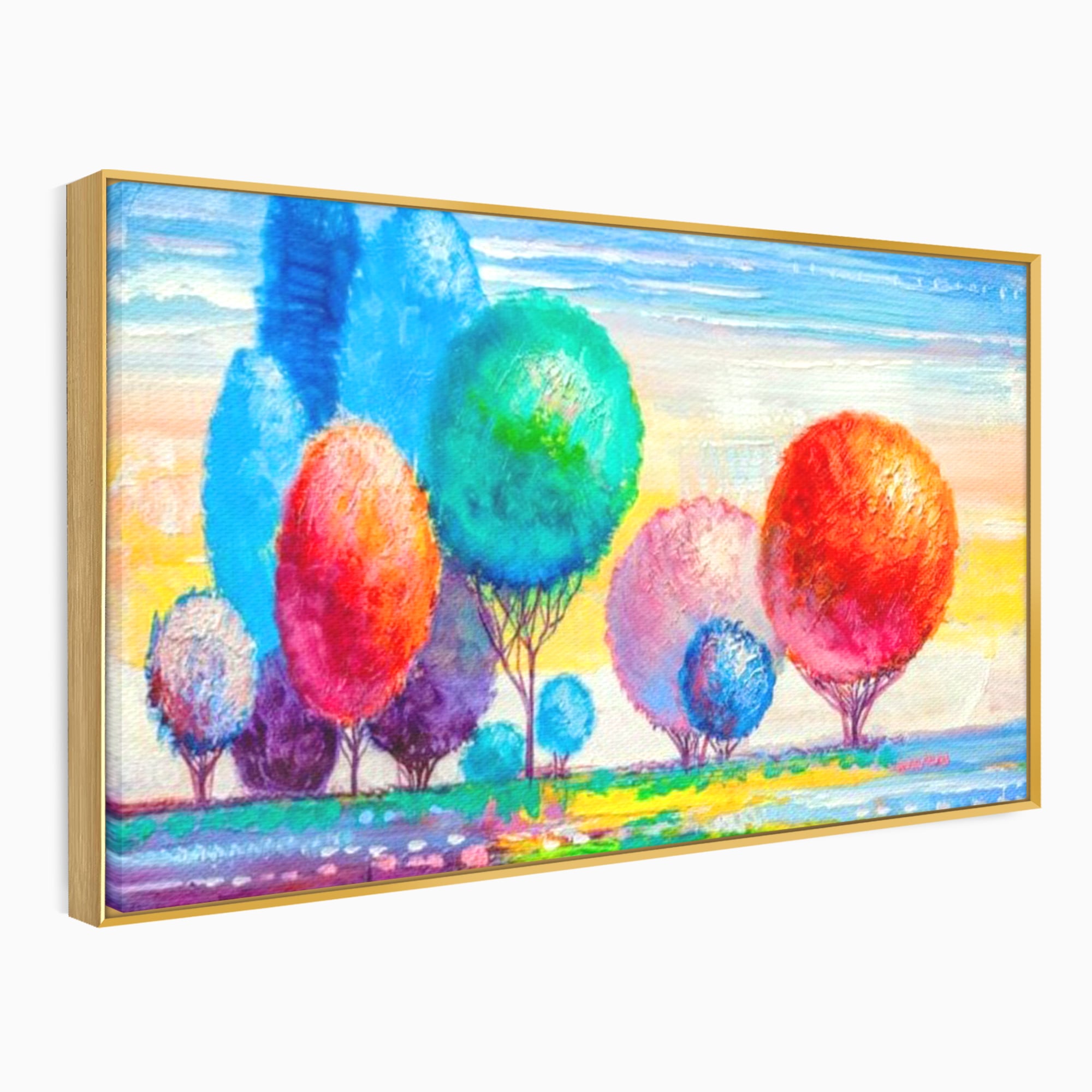 Leinwand Wandkunst Leinwand Premium, LuxCanva® K1018, Märchenhafte Landschaft, Regenbogen, Wald, Bäume, Rund, Ballon, Natur, Explosion, Farbe, Leinwand, Symphonie, Imaginär, Verspielt, Kinderzimmer