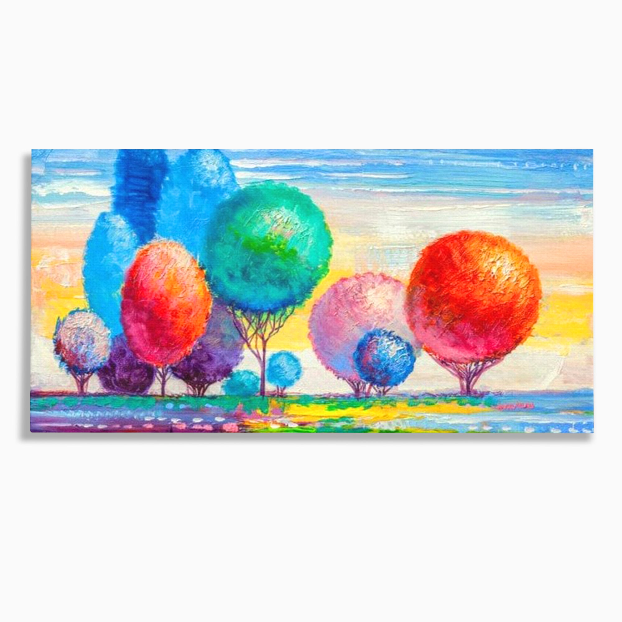 Leinwand Wandkunst Leinwand Premium, LuxCanva® K1018, Märchenhafte Landschaft, Regenbogen, Wald, Bäume, Rund, Ballon, Natur, Explosion, Farbe, Leinwand, Symphonie, Imaginär, Verspielt, Kinderzimmer