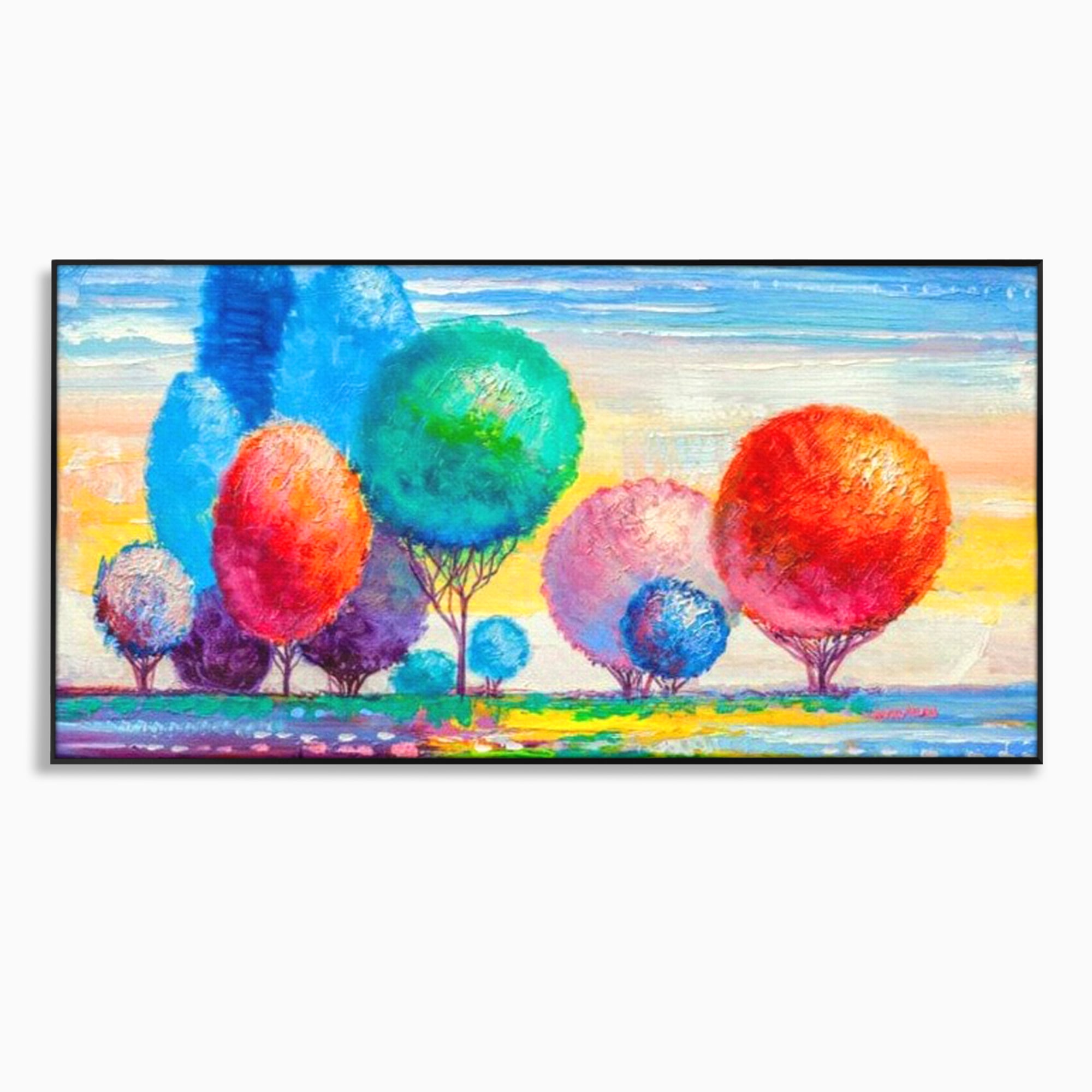 Leinwand Wandkunst Leinwand Premium, LuxCanva® K1018, Märchenhafte Landschaft, Regenbogen, Wald, Bäume, Rund, Ballon, Natur, Explosion, Farbe, Leinwand, Symphonie, Imaginär, Verspielt, Kinderzimmer