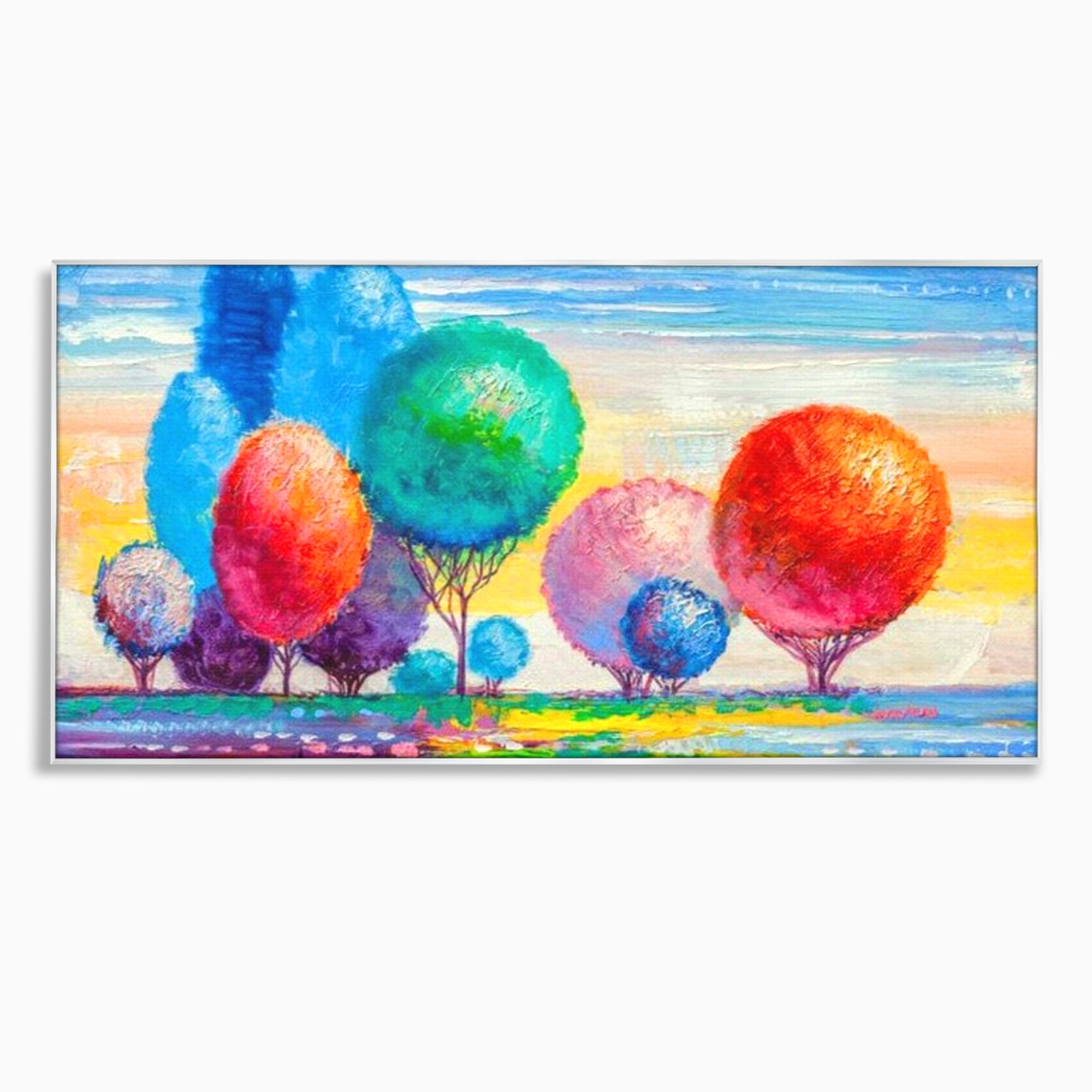 Leinwand Wandkunst Leinwand Premium, LuxCanva® K1018, Märchenhafte Landschaft, Regenbogen, Wald, Bäume, Rund, Ballon, Natur, Explosion, Farbe, Leinwand, Symphonie, Imaginär, Verspielt, Kinderzimmer