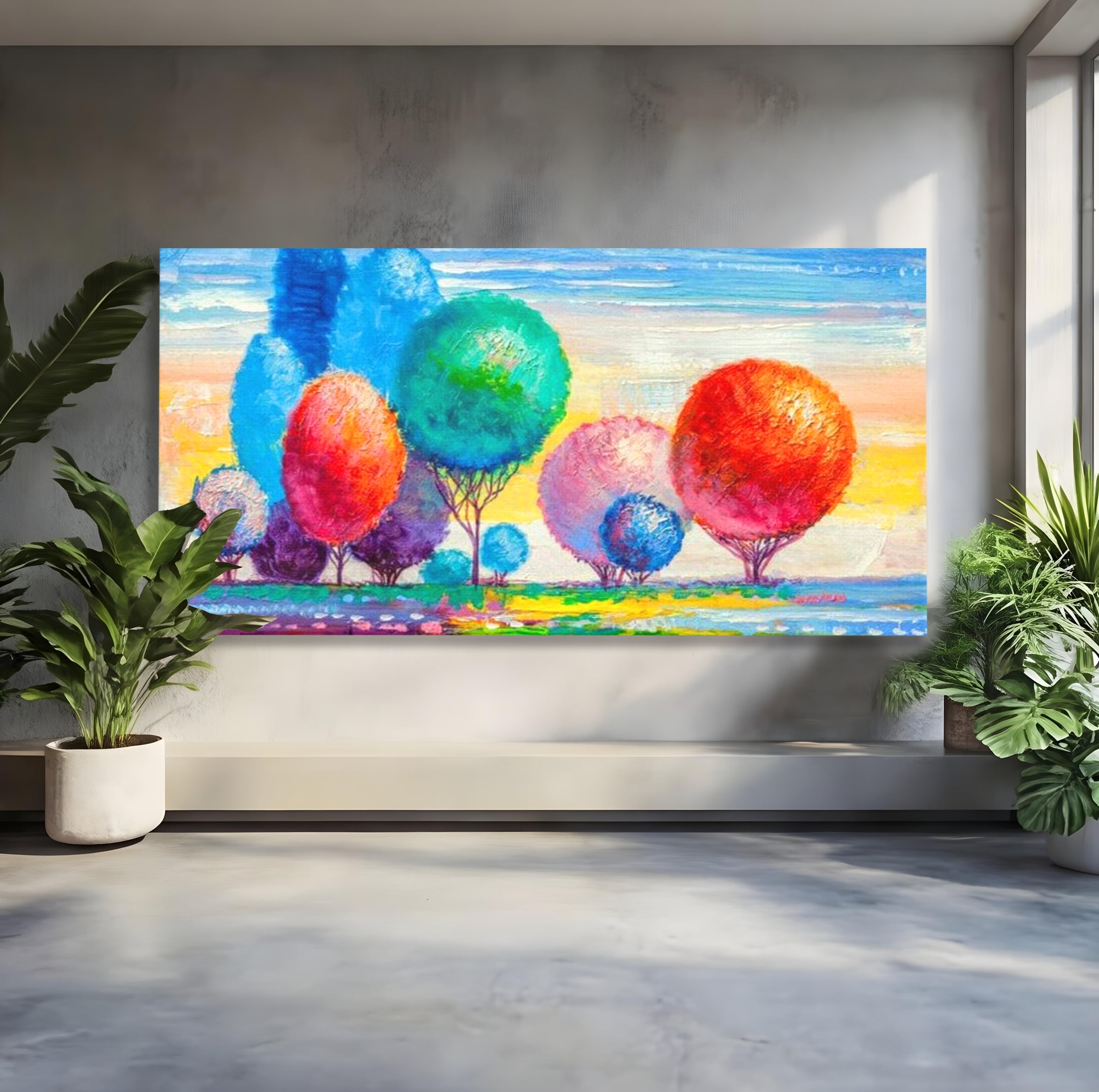 Leinwand Wandkunst Leinwand Premium, LuxCanva® K1018, Märchenhafte Landschaft, Regenbogen, Wald, Bäume, Rund, Ballon, Natur, Explosion, Farbe, Leinwand, Symphonie, Imaginär, Verspielt, Kinderzimmer