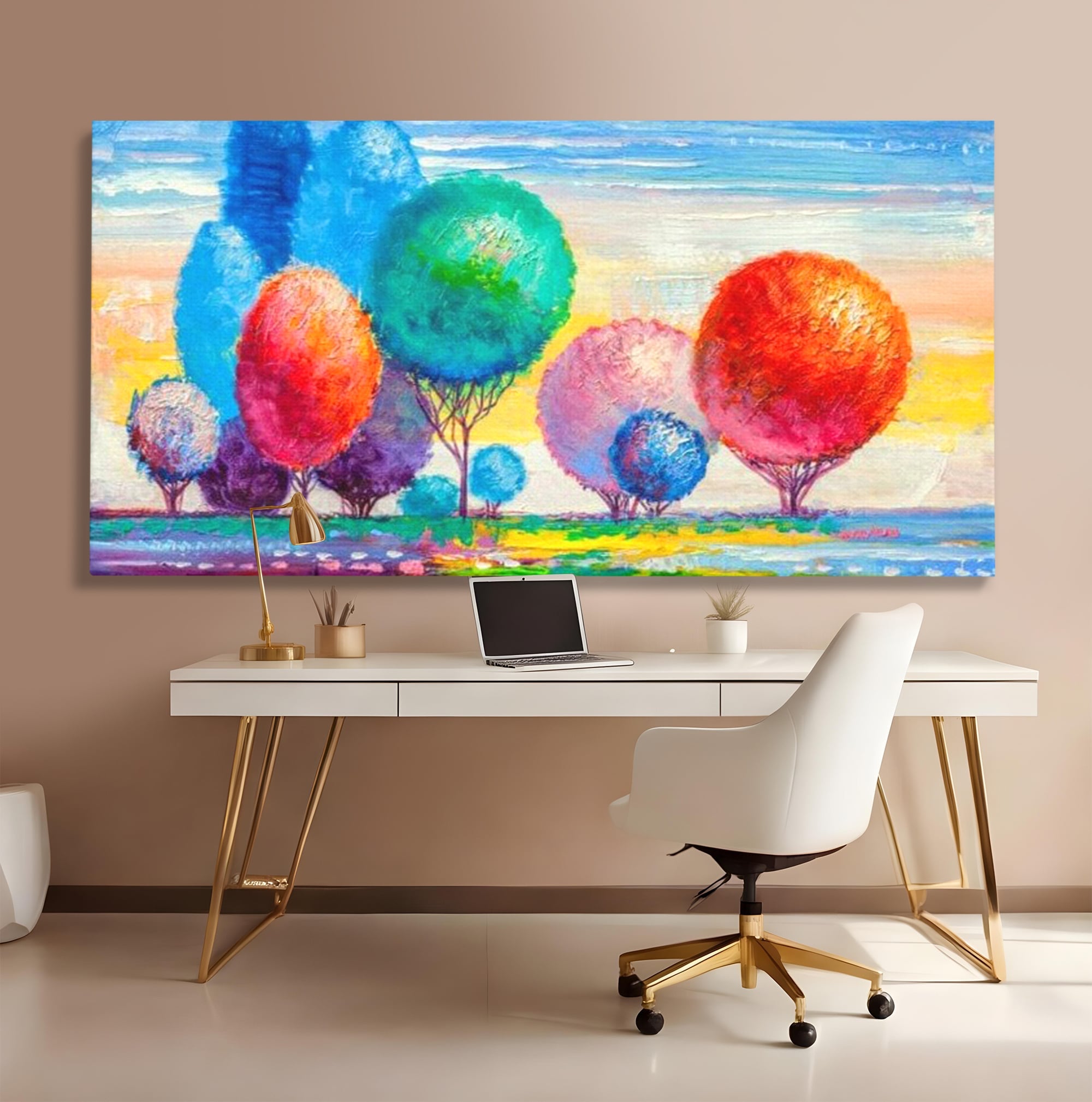 Leinwand Wandkunst Leinwand Premium, LuxCanva® K1018, Märchenhafte Landschaft, Regenbogen, Wald, Bäume, Rund, Ballon, Natur, Explosion, Farbe, Leinwand, Symphonie, Imaginär, Verspielt, Kinderzimmer