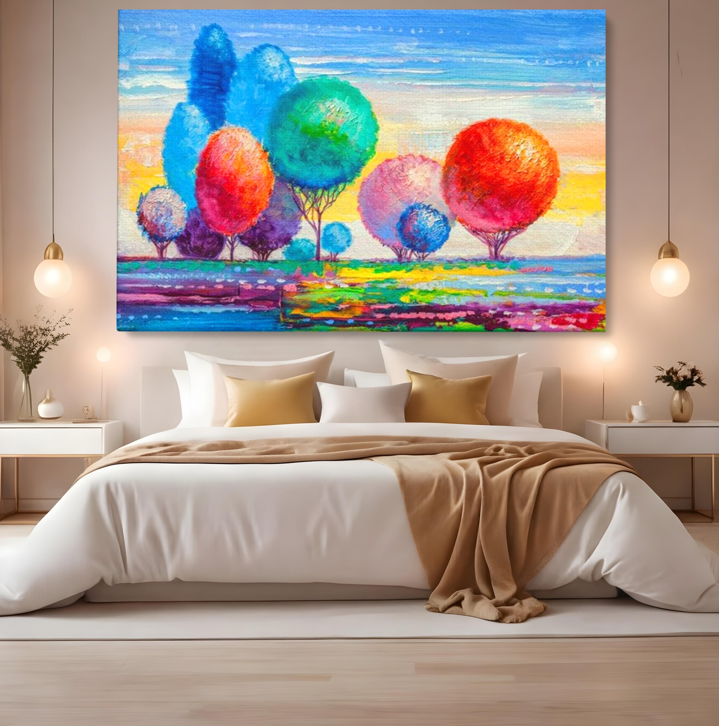 Leinwand Wandkunst Leinwand Premium, LuxCanva® K1018, Märchenhafte Landschaft, Regenbogen, Wald, Bäume, Rund, Ballon, Natur, Explosion, Farbe, Leinwand, Symphonie, Imaginär, Verspielt, Kinderzimmer
