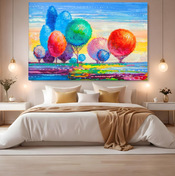 Leinwand Wandkunst Leinwand Premium, LuxCanva® K1018, Märchenhafte Landschaft, Regenbogen, Wald, Bäume, Rund, Ballon, Natur, Explosion, Farbe, Leinwand, Symphonie, Imaginär, Verspielt, Kinderzimmer