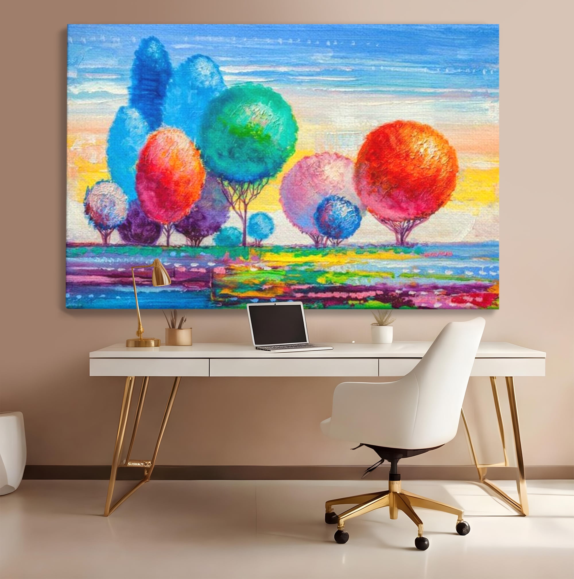 Leinwand Wandkunst Leinwand Premium, LuxCanva® K1018, Märchenhafte Landschaft, Regenbogen, Wald, Bäume, Rund, Ballon, Natur, Explosion, Farbe, Leinwand, Symphonie, Imaginär, Verspielt, Kinderzimmer