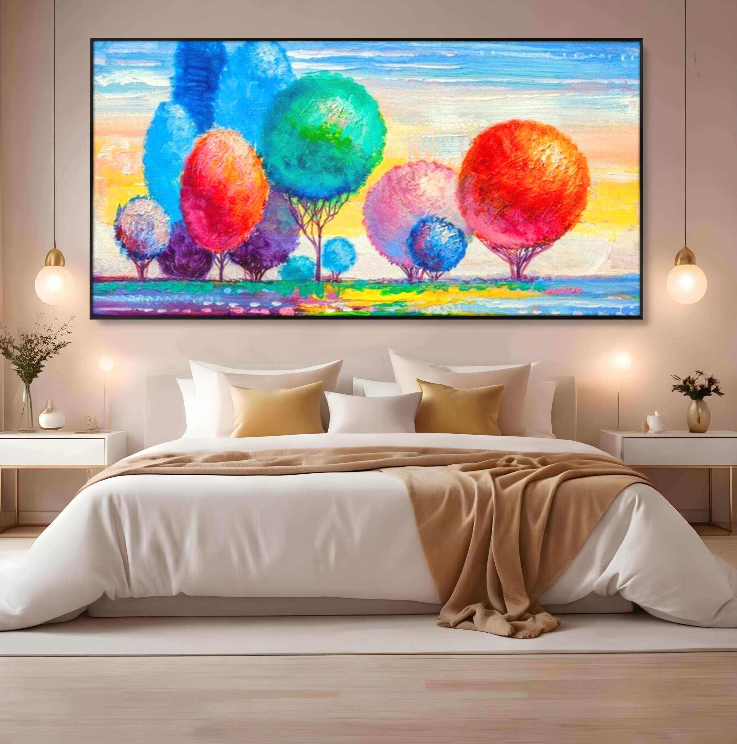 Leinwand Wandkunst Leinwand Premium, LuxCanva® K1018, Märchenhafte Landschaft, Regenbogen, Wald, Bäume, Rund, Ballon, Natur, Explosion, Farbe, Leinwand, Symphonie, Imaginär, Verspielt, Kinderzimmer