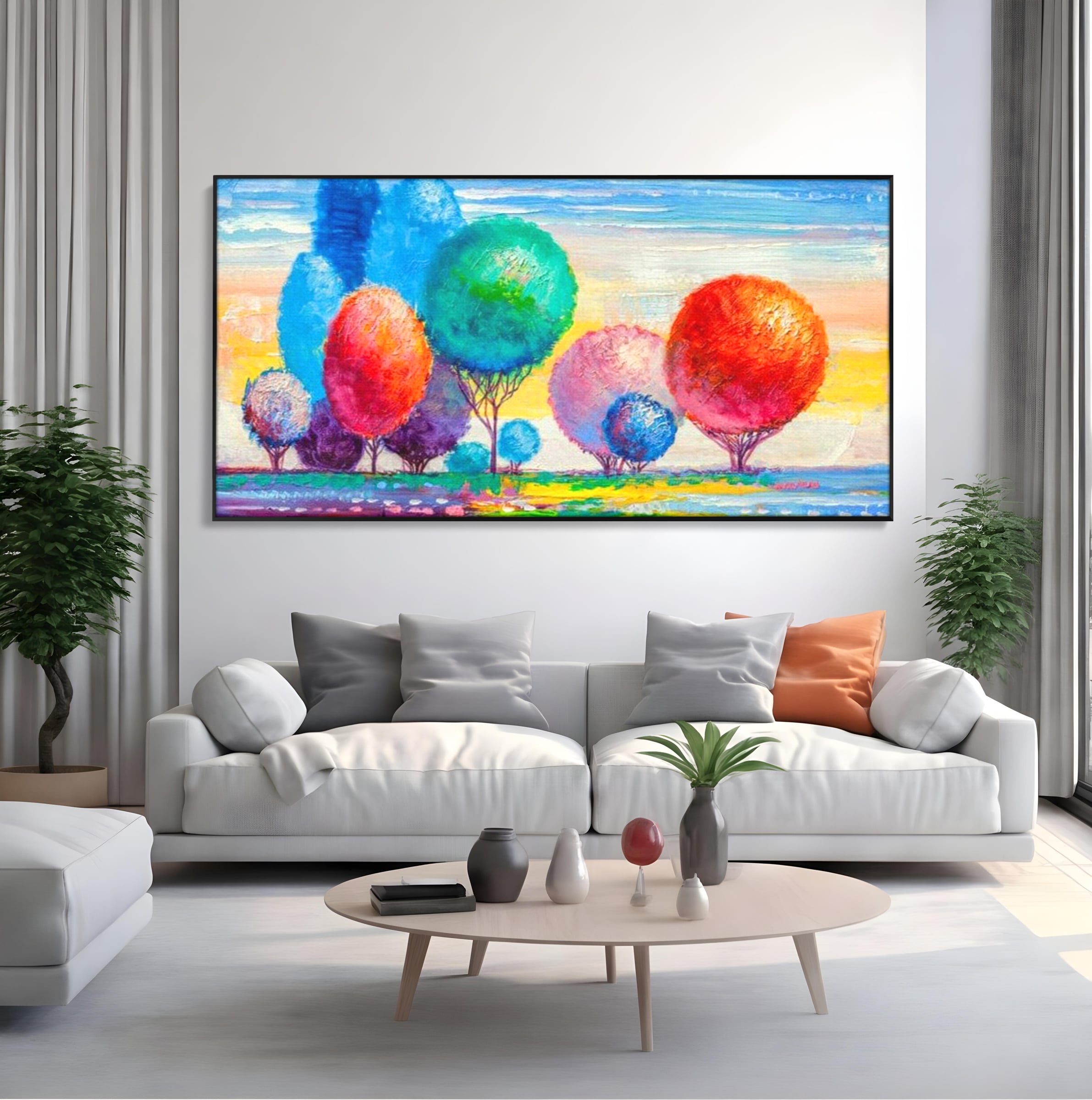 Leinwand Wandkunst Leinwand Premium, LuxCanva® K1018, Märchenhafte Landschaft, Regenbogen, Wald, Bäume, Rund, Ballon, Natur, Explosion, Farbe, Leinwand, Symphonie, Imaginär, Verspielt, Kinderzimmer