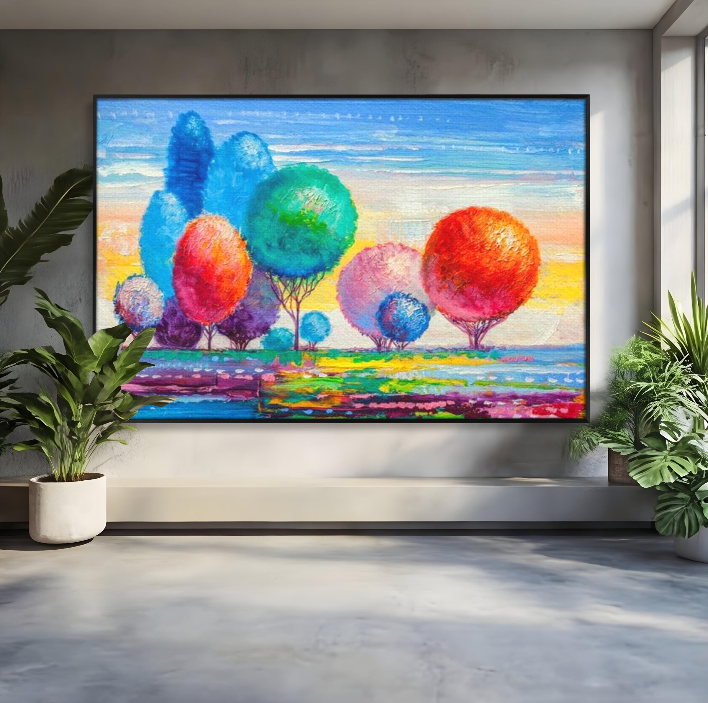 Leinwand Wandkunst Leinwand Premium, LuxCanva® K1018, Märchenhafte Landschaft, Regenbogen, Wald, Bäume, Rund, Ballon, Natur, Explosion, Farbe, Leinwand, Symphonie, Imaginär, Verspielt, Kinderzimmer