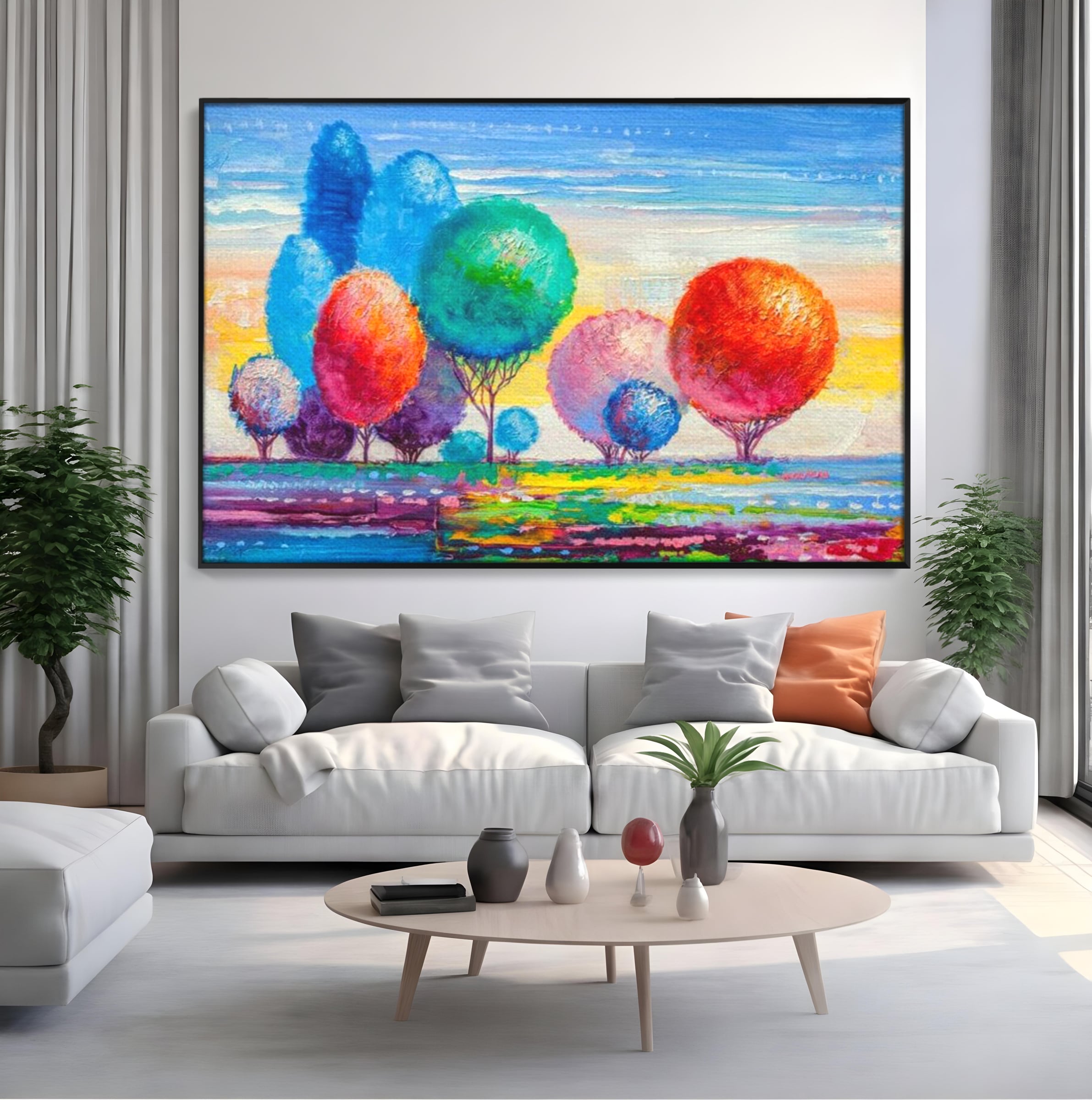 Leinwand Wandkunst Leinwand Premium, LuxCanva® K1018, Märchenhafte Landschaft, Regenbogen, Wald, Bäume, Rund, Ballon, Natur, Explosion, Farbe, Leinwand, Symphonie, Imaginär, Verspielt, Kinderzimmer