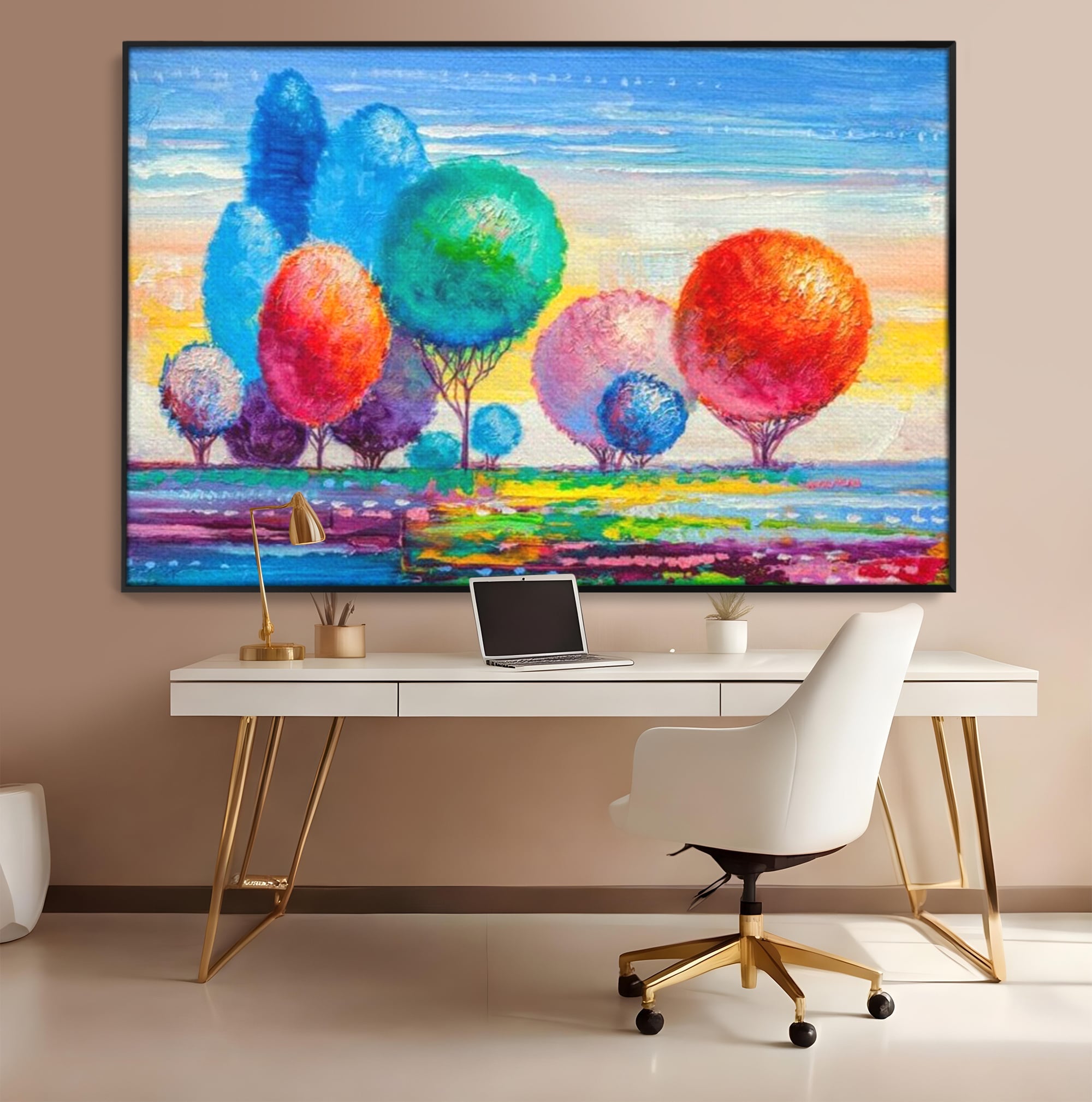 Leinwand Wandkunst Leinwand Premium, LuxCanva® K1018, Märchenhafte Landschaft, Regenbogen, Wald, Bäume, Rund, Ballon, Natur, Explosion, Farbe, Leinwand, Symphonie, Imaginär, Verspielt, Kinderzimmer