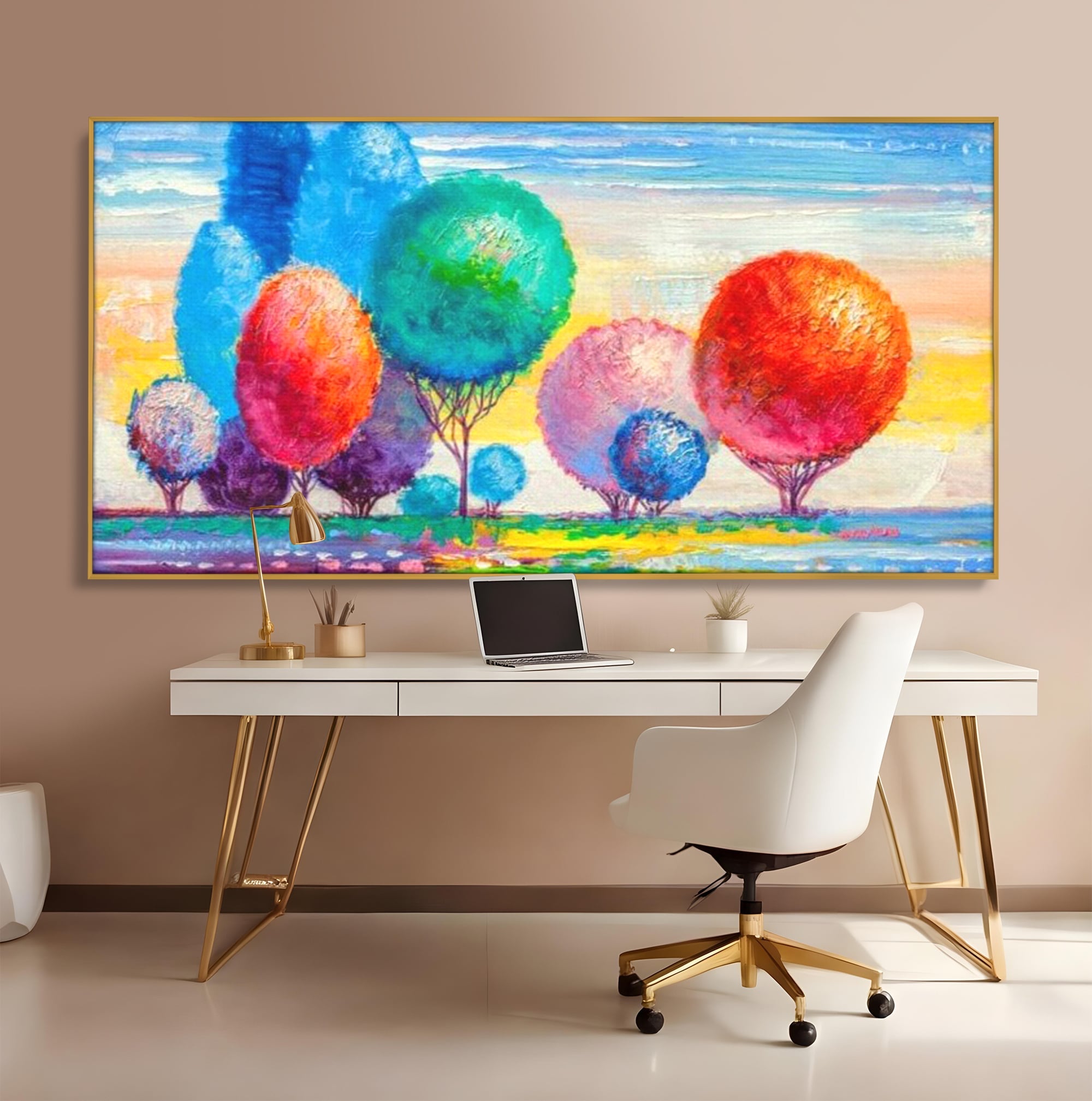 Leinwand Wandkunst Leinwand Premium, LuxCanva® K1018, Märchenhafte Landschaft, Regenbogen, Wald, Bäume, Rund, Ballon, Natur, Explosion, Farbe, Leinwand, Symphonie, Imaginär, Verspielt, Kinderzimmer
