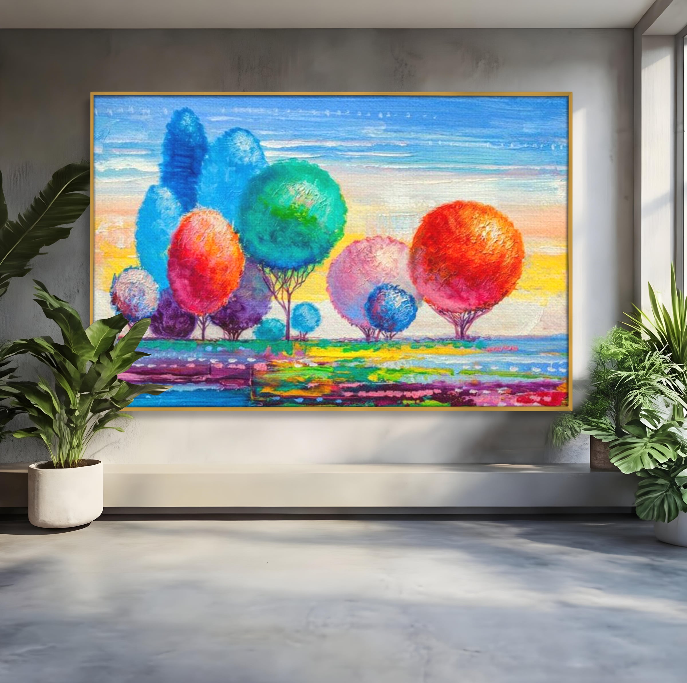 Leinwand Wandkunst Leinwand Premium, LuxCanva® K1018, Märchenhafte Landschaft, Regenbogen, Wald, Bäume, Rund, Ballon, Natur, Explosion, Farbe, Leinwand, Symphonie, Imaginär, Verspielt, Kinderzimmer
