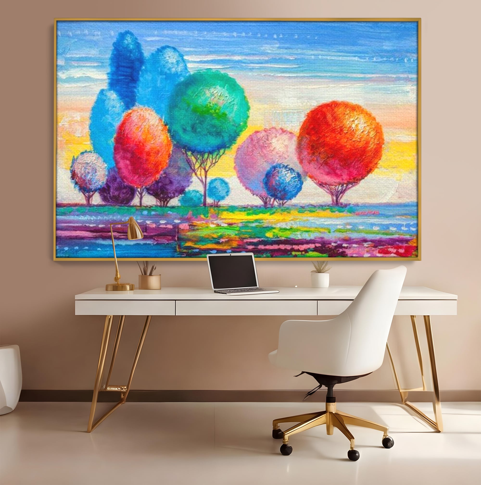 Leinwand Wandkunst Leinwand Premium, LuxCanva® K1018, Märchenhafte Landschaft, Regenbogen, Wald, Bäume, Rund, Ballon, Natur, Explosion, Farbe, Leinwand, Symphonie, Imaginär, Verspielt, Kinderzimmer