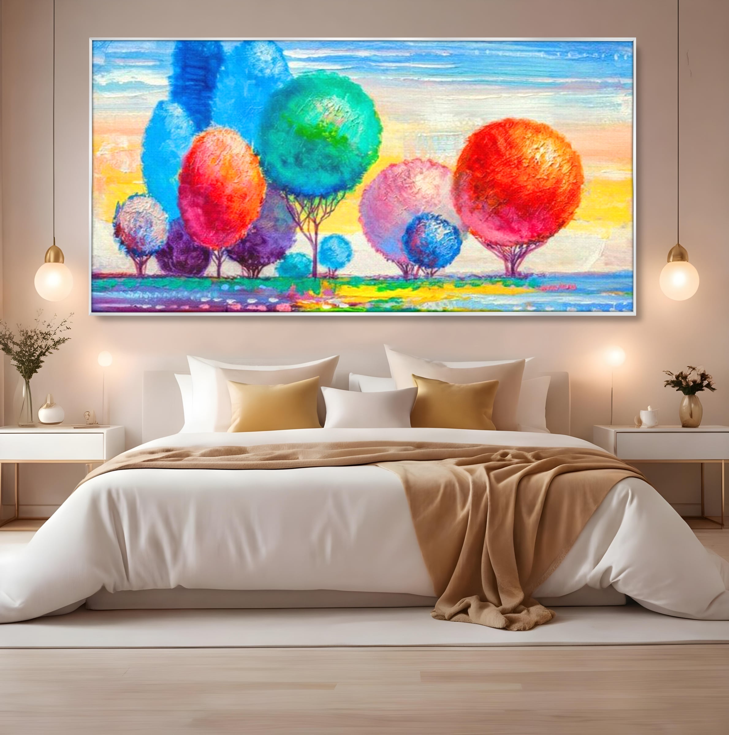 Leinwand Wandkunst Leinwand Premium, LuxCanva® K1018, Märchenhafte Landschaft, Regenbogen, Wald, Bäume, Rund, Ballon, Natur, Explosion, Farbe, Leinwand, Symphonie, Imaginär, Verspielt, Kinderzimmer
