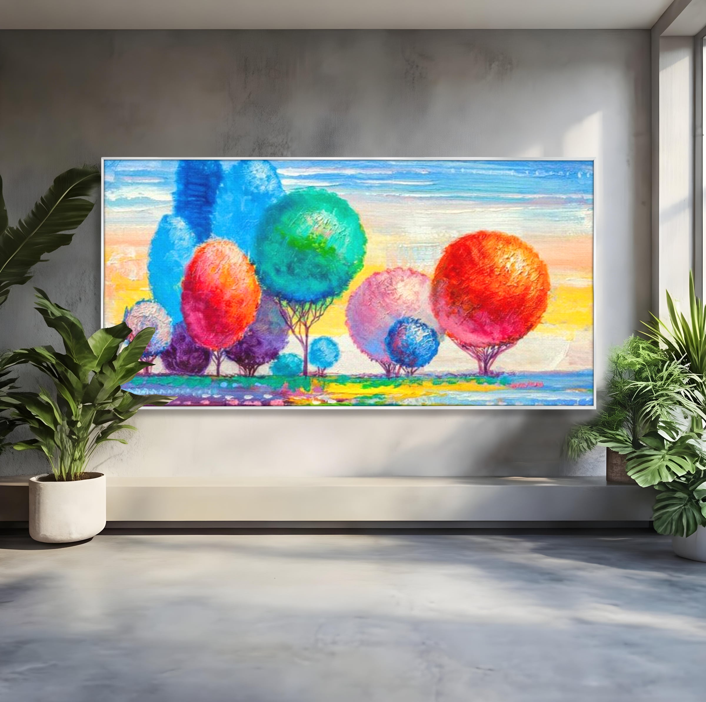 Leinwand Wandkunst Leinwand Premium, LuxCanva® K1018, Märchenhafte Landschaft, Regenbogen, Wald, Bäume, Rund, Ballon, Natur, Explosion, Farbe, Leinwand, Symphonie, Imaginär, Verspielt, Kinderzimmer